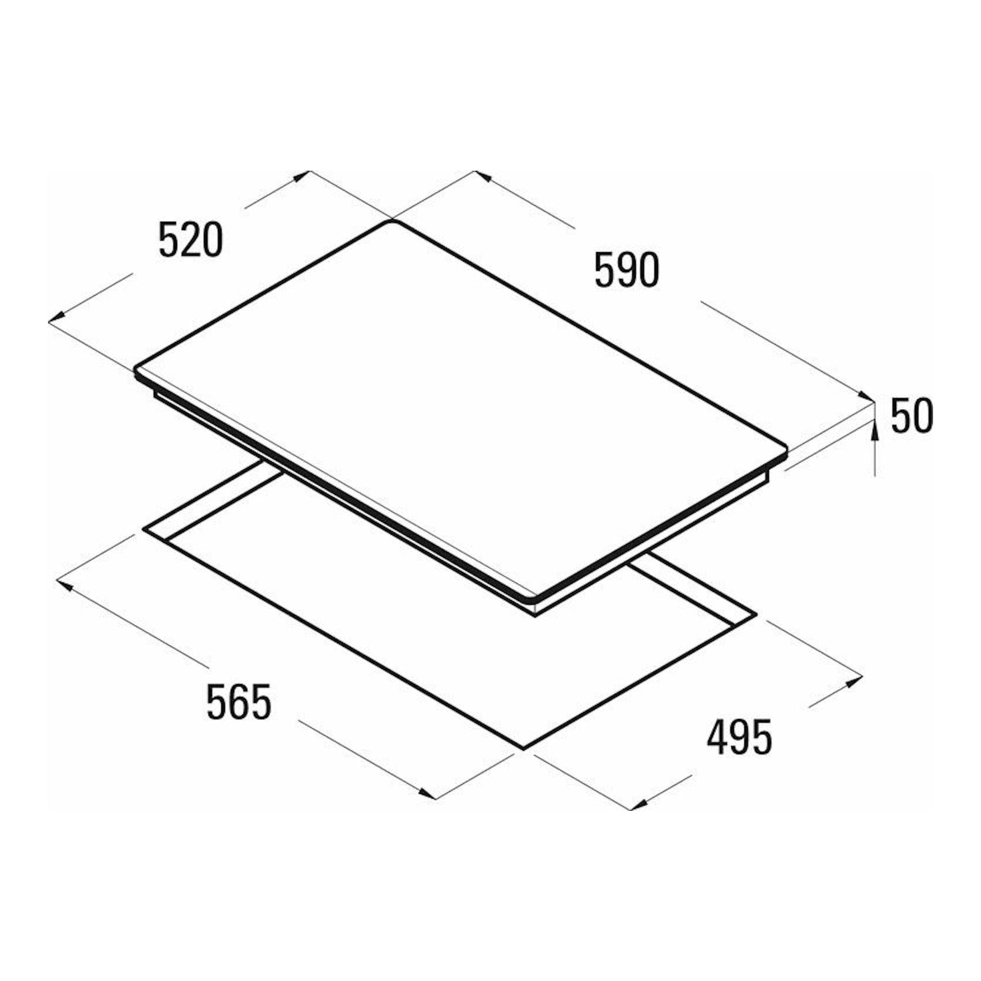 Cata Giga600BK: placa de inducción negra en vista isométrica, con medidas 590x520 mm y hueco 565x495 mm.