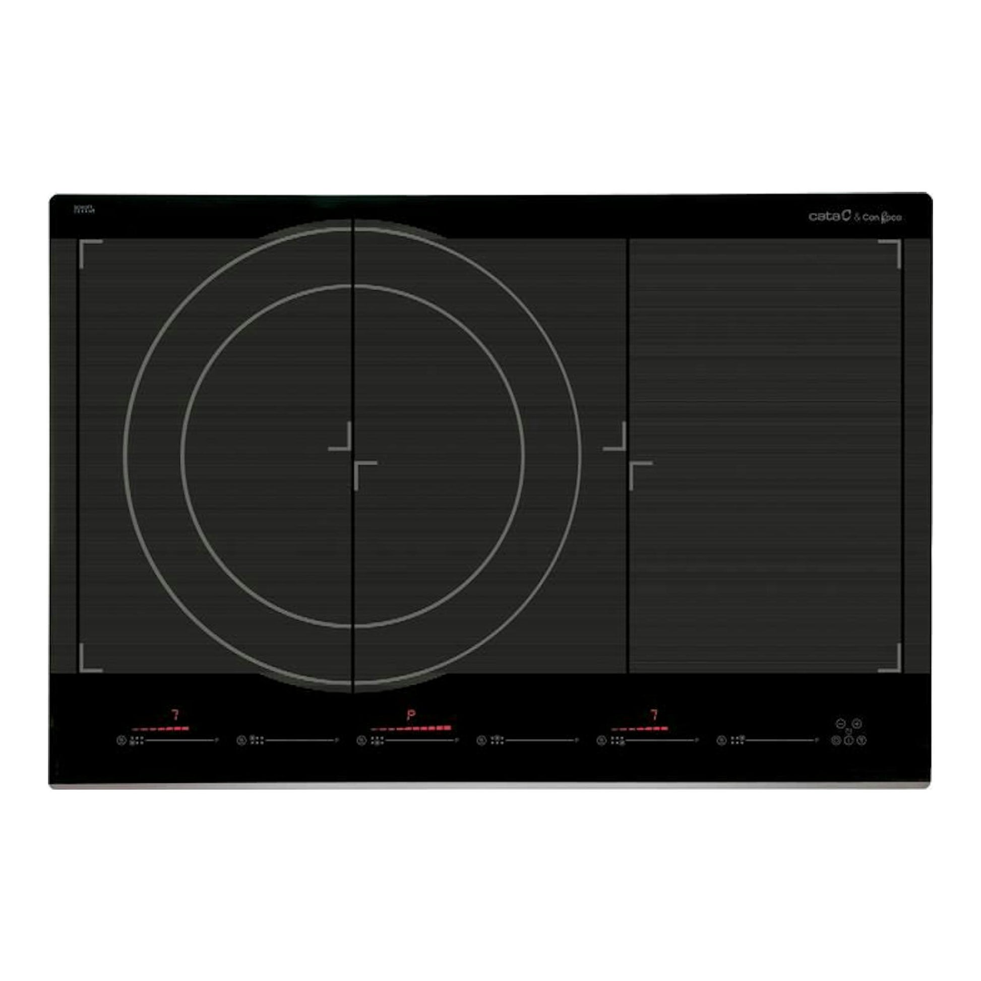 Placa de inducción Cata Giga750BK negra, vista frontal, con tres zonas y panel táctil.