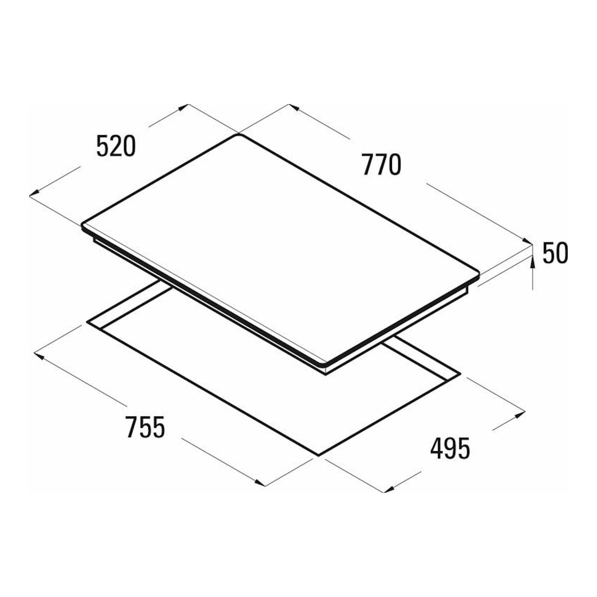 Dibujo isométrico de la placa de inducción Cata Giga750BK en negro, con medidas 770x520 mm y hueco 755x495 mm.