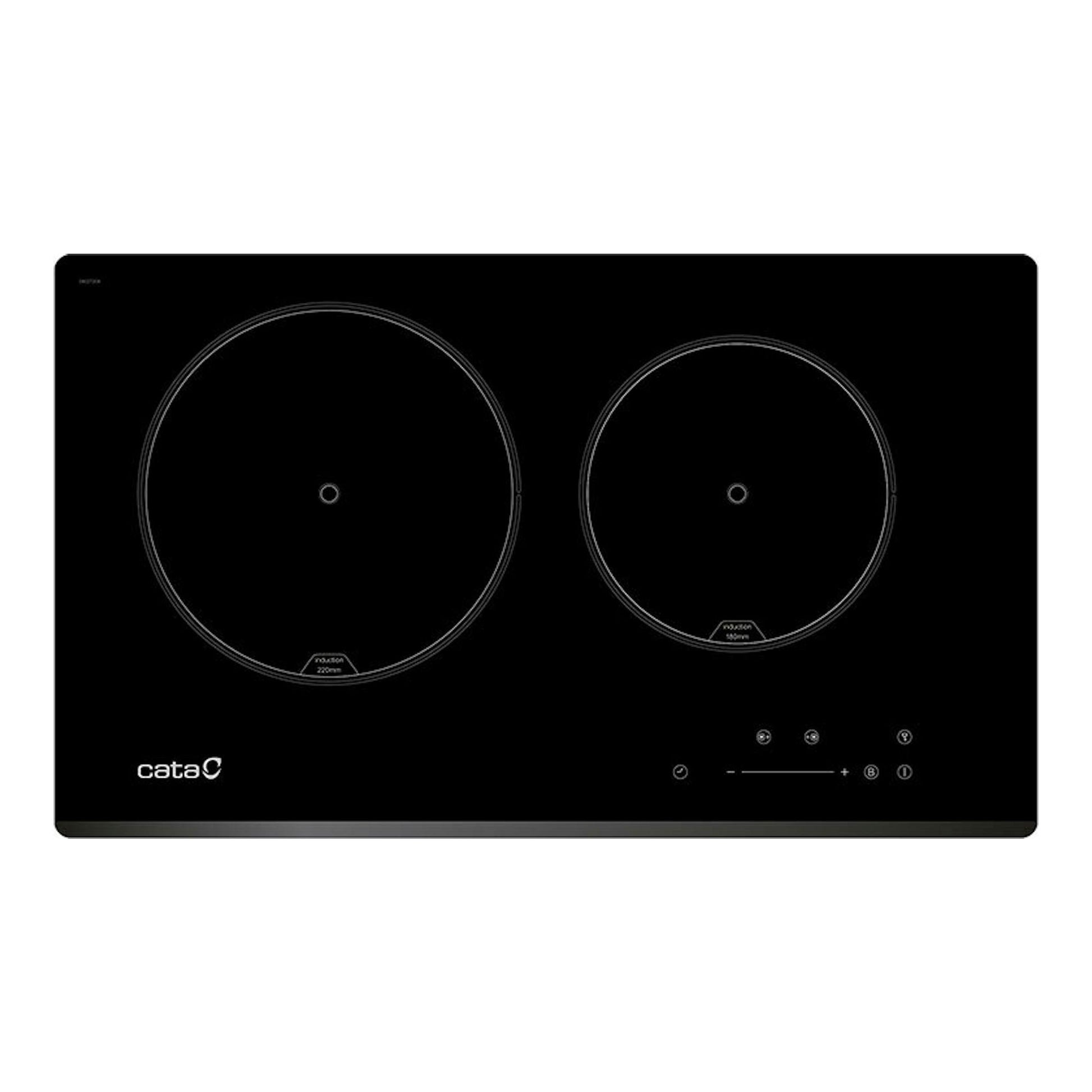Placa de inducción Cata IB2PLUSBK negra, vista frontal, 60 cm, con dos zonas circulares.