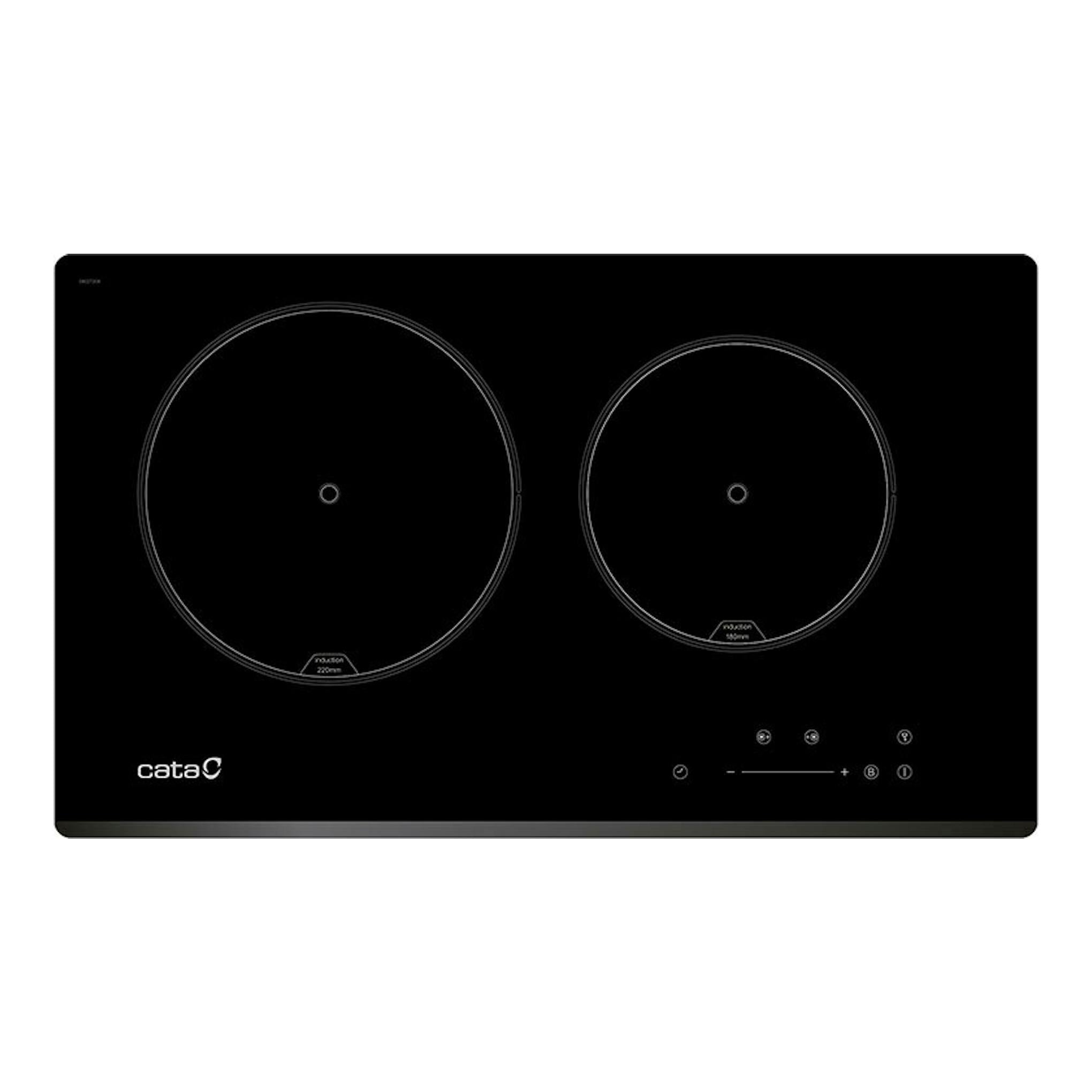 Placa de inducción Cata IB2PLUSBK negra, vista frontal, 60 cm, con dos zonas circulares.
