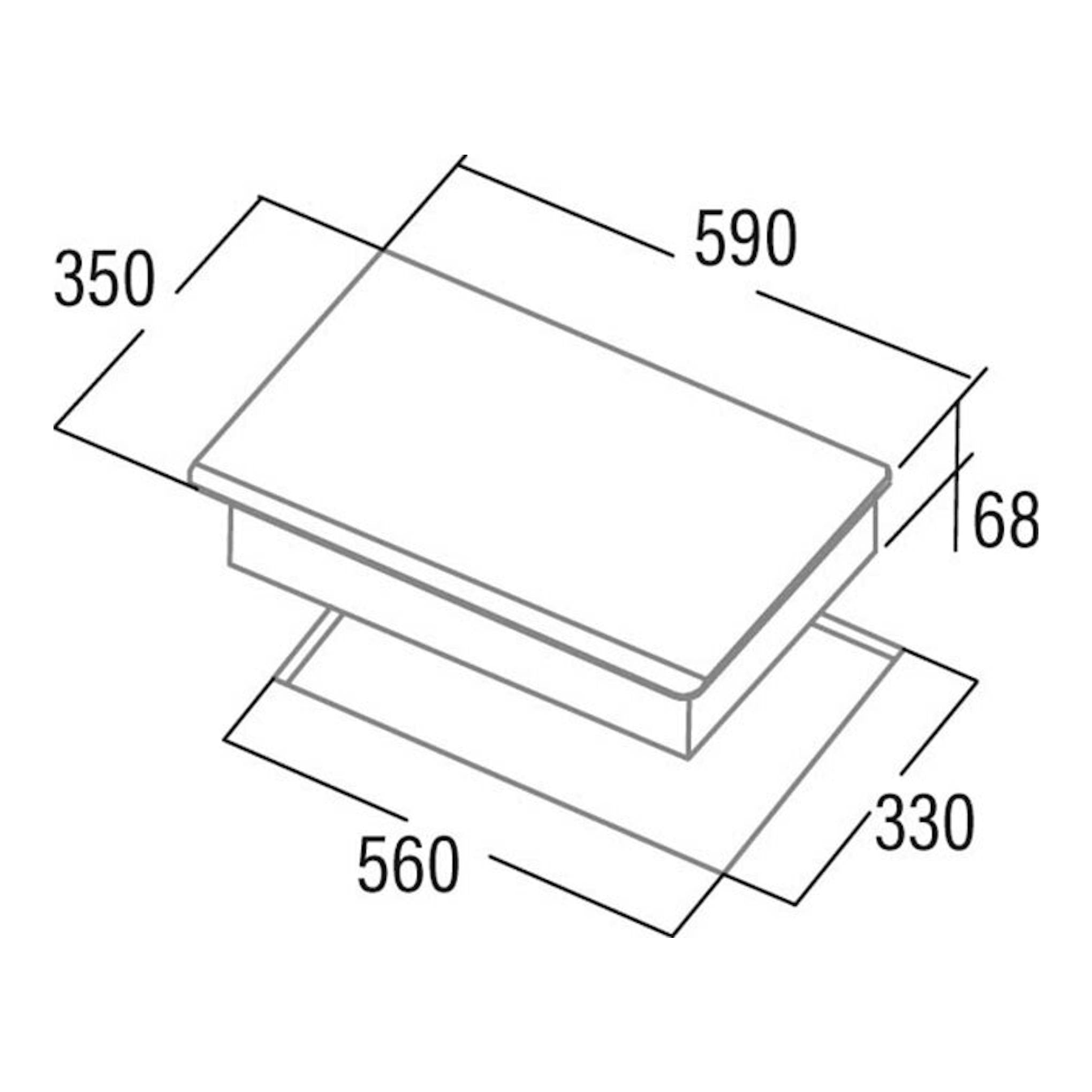 Diagrama técnico de la placa de inducción Cata IB2PLUSBK negra, en perspectiva, medidas 590x350x68 mm y hueco 560x330 mm.