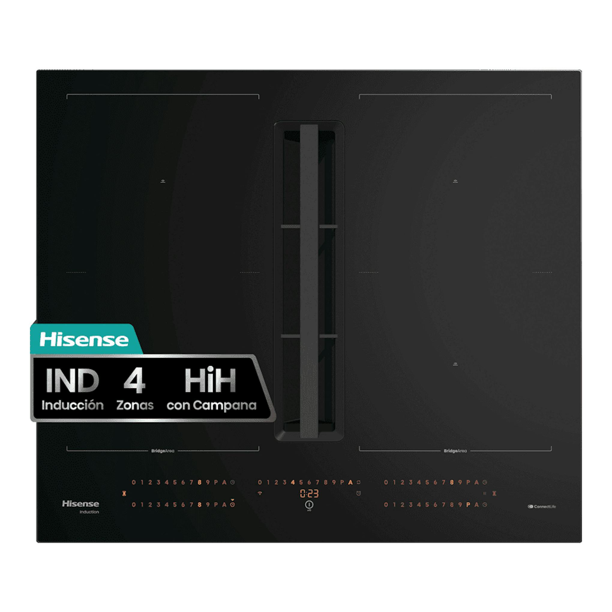 Placa de inducción Hisense HEH6443BSCWF1 negra, vista frontal, con extractor central y 4 zonas.