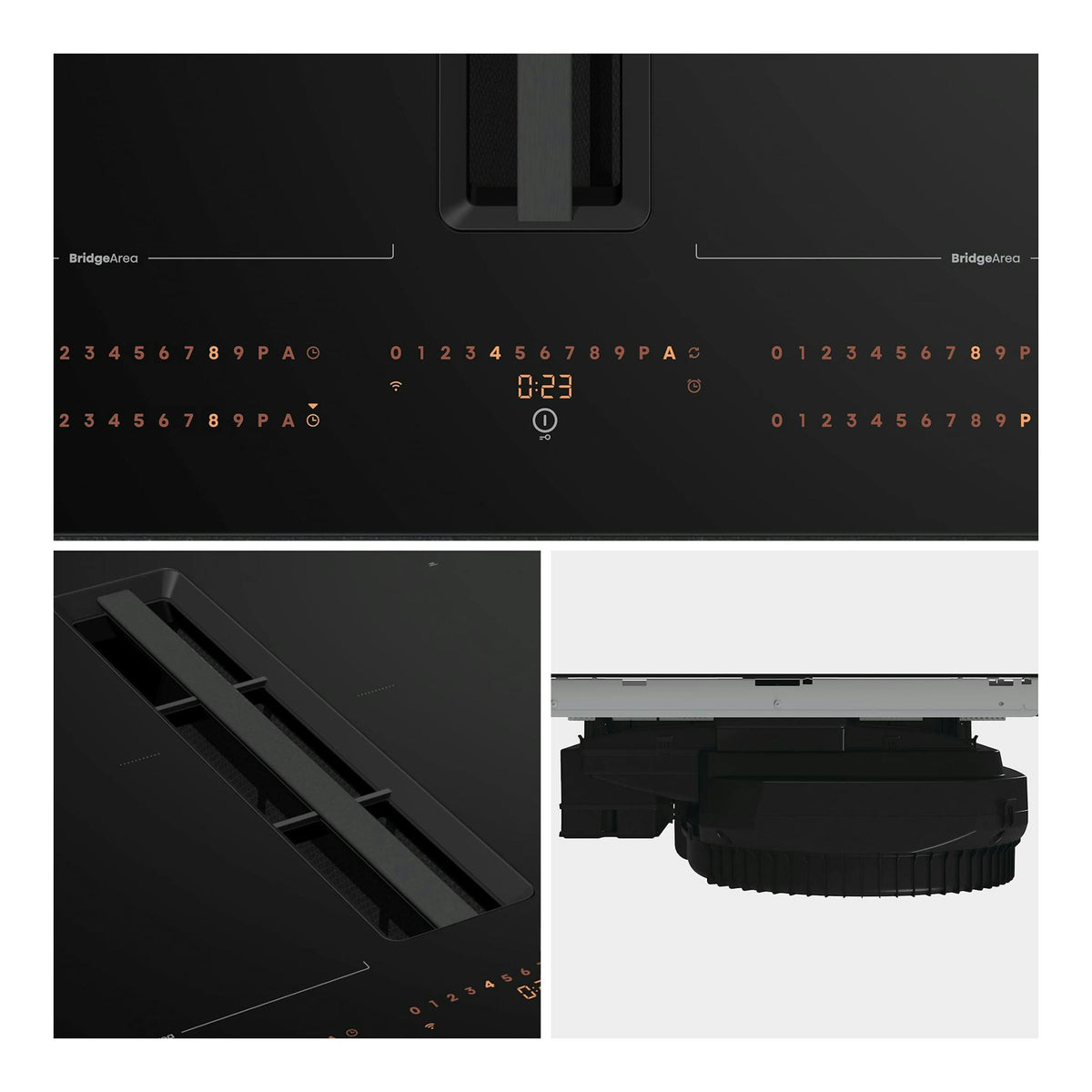 Hisense HEH6443BSCWF1: placa de inducción negra con extractor central integrado, vista superior e isométrica.