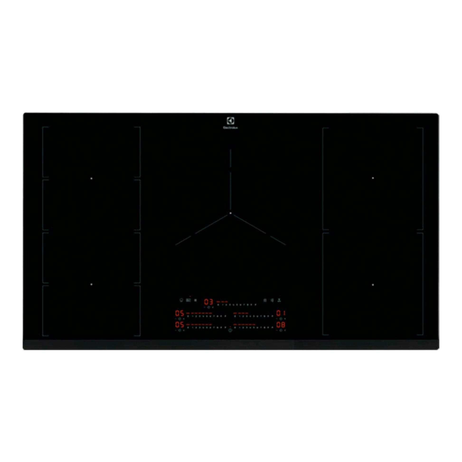 Placa de inducción Electrolux EIV95550 negra, vista superior, con cinco zonas de cocción.
