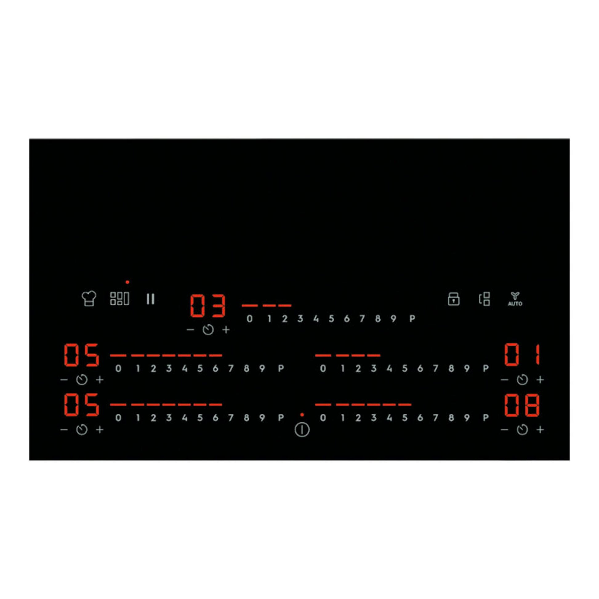 Placa de inducción Electrolux EIV95550 negra, vista frontal, con mandos táctiles y displays rojos.