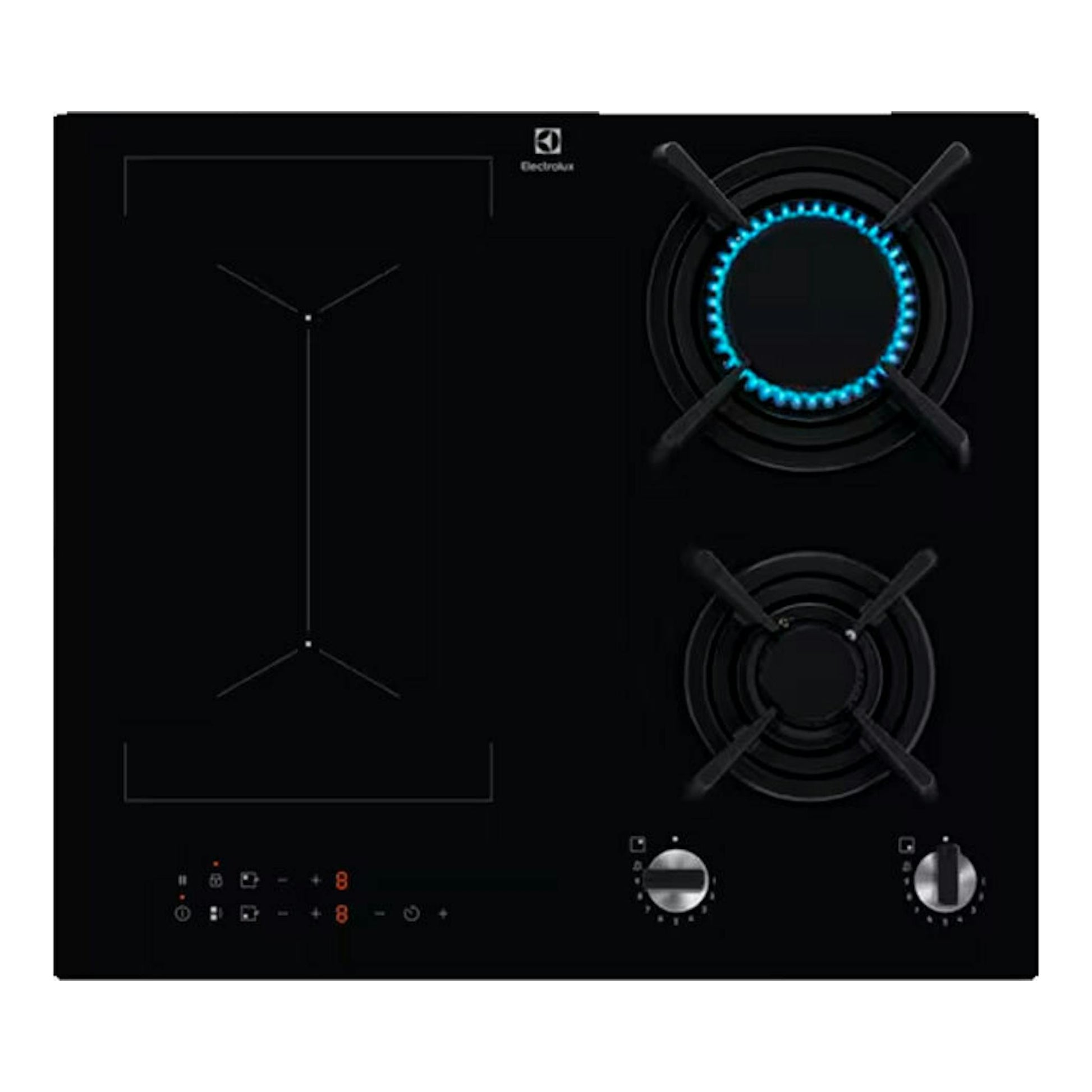 Placa Electrolux KDI641723K de 60 cm, vista frontal, negra, con una zona de inducción y dos quemadores de gas.