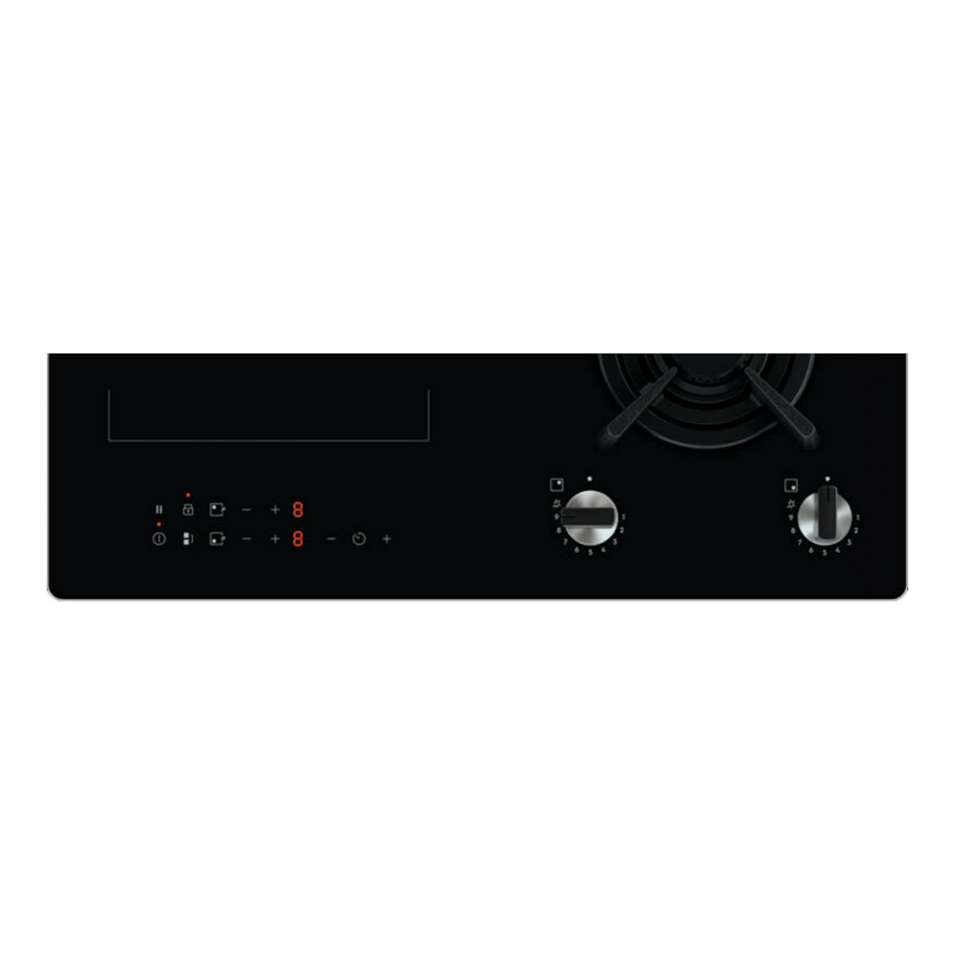Placa de inducción Electrolux KDI641723K negra, vista frontal parcial con mandos y controles táctiles.