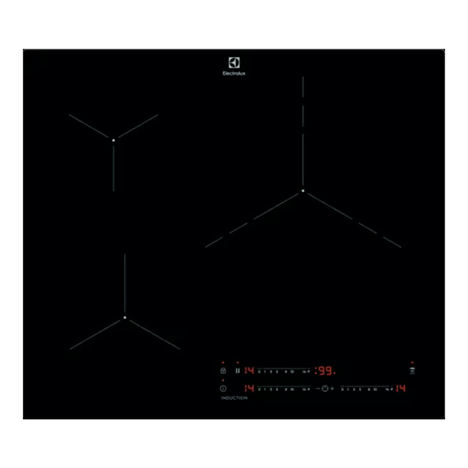 Placa de inducción Electrolux LIT6340CK negra de 60 cm, vista superior, con controles táctiles iluminados.