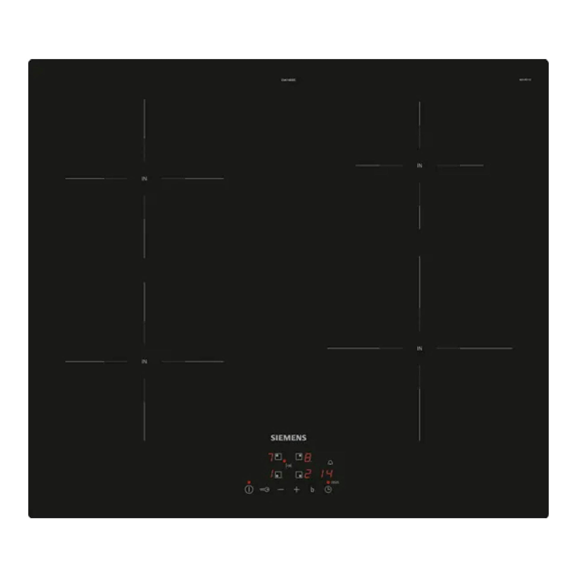 Placa de inducción Siemens EU611BEB5E negra, vista cenital, 4 zonas de cocción y mandos táctiles.