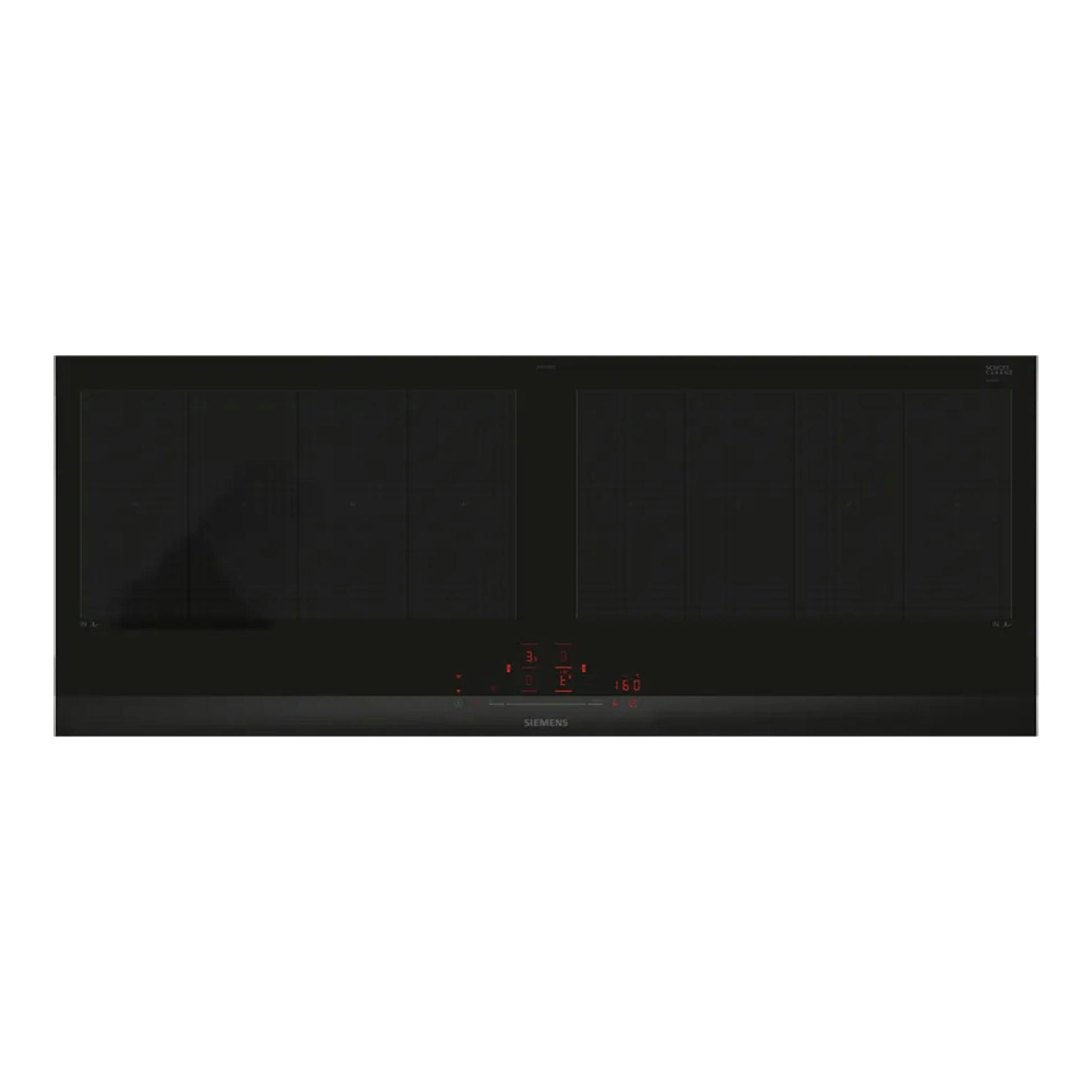 Placa de inducción Siemens EX275HXC1E negra, vista superior, con controles táctiles iluminados.