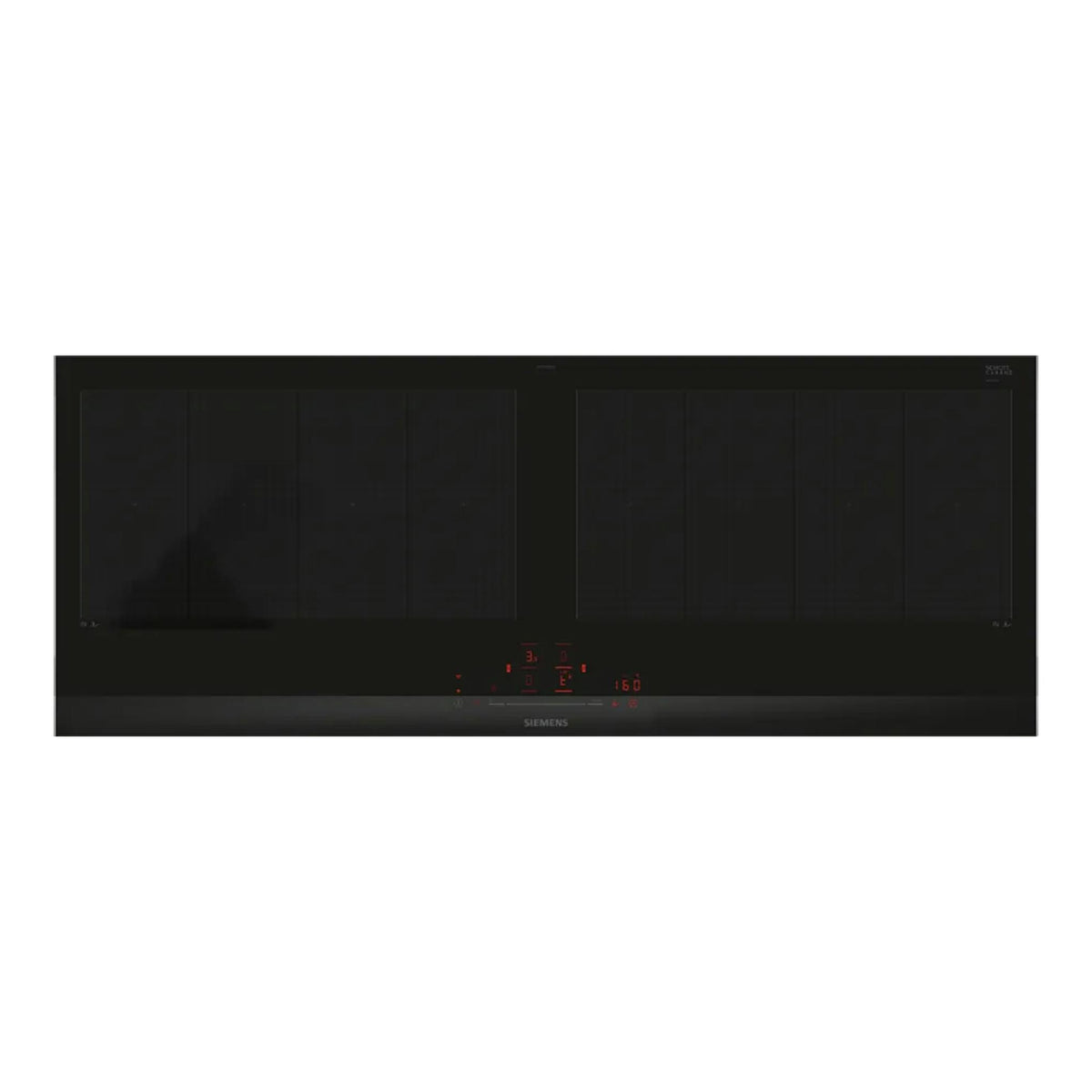 Placa de inducción Siemens EX275HXC1E negra, vista superior, con controles táctiles iluminados.