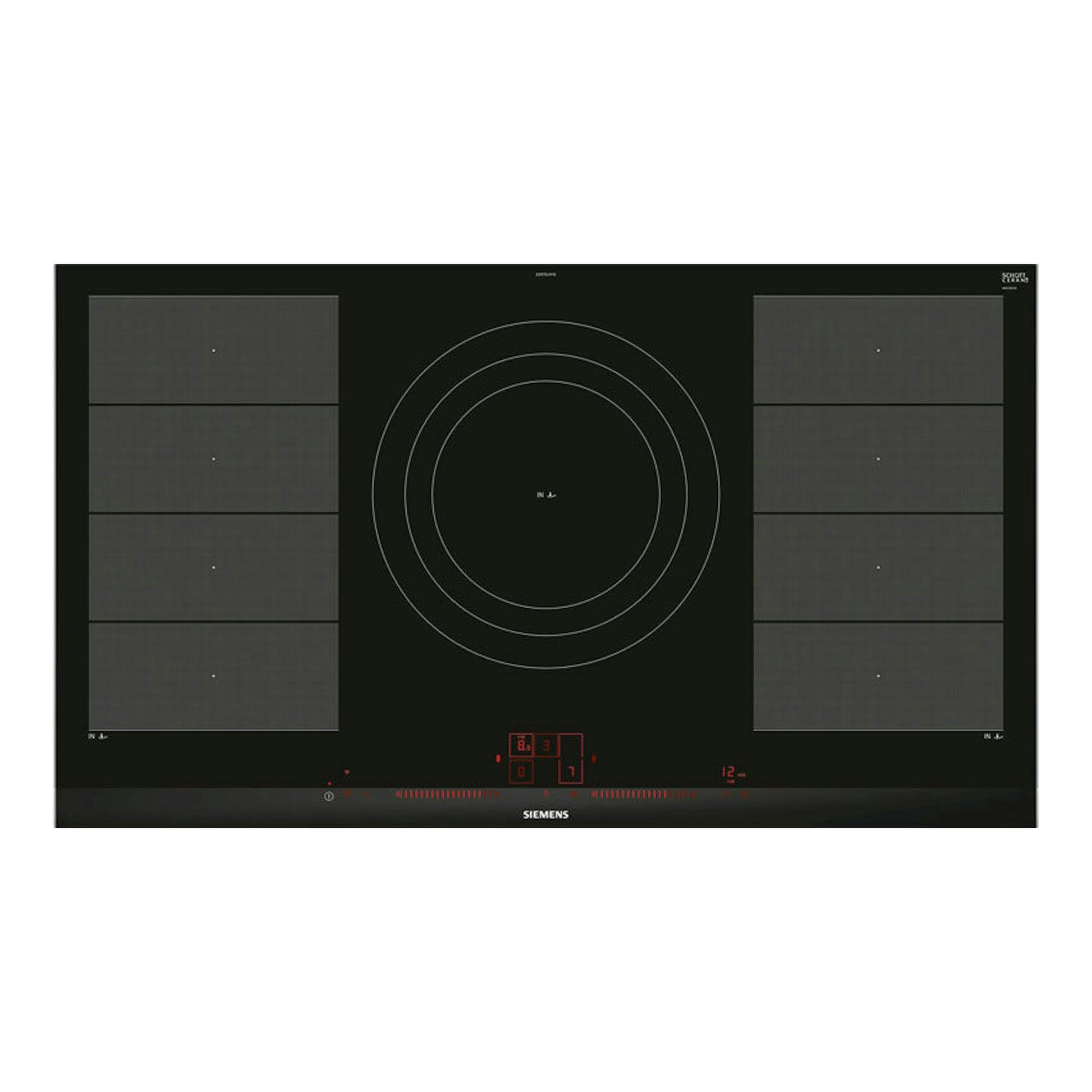 Placa de inducción Siemens EX975LVV1E negra, vista superior, con cuatro zonas rectangulares y una zona circular central.