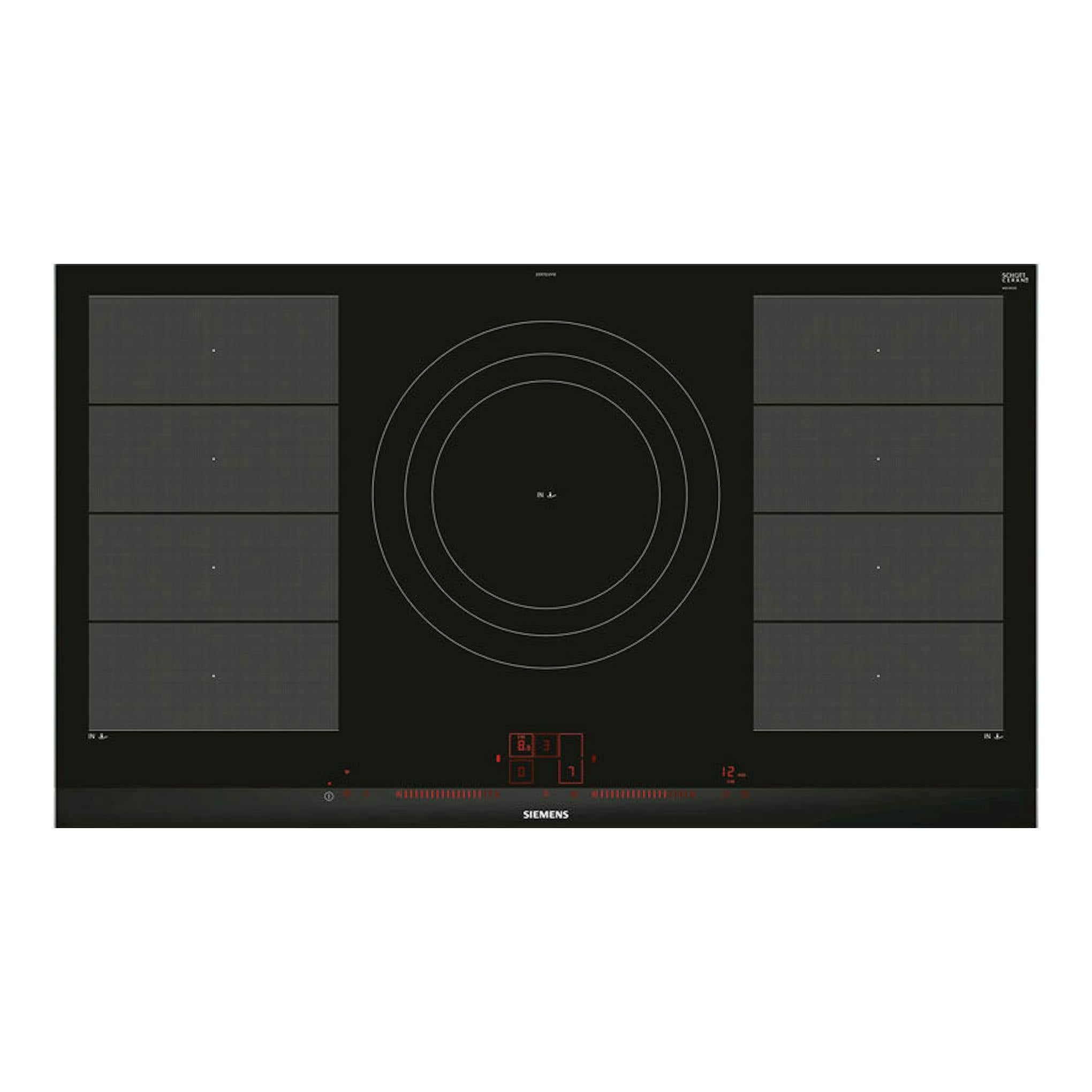Placa de inducción Siemens EX975LVV1E negra, vista superior, con cuatro zonas rectangulares y una zona circular central.