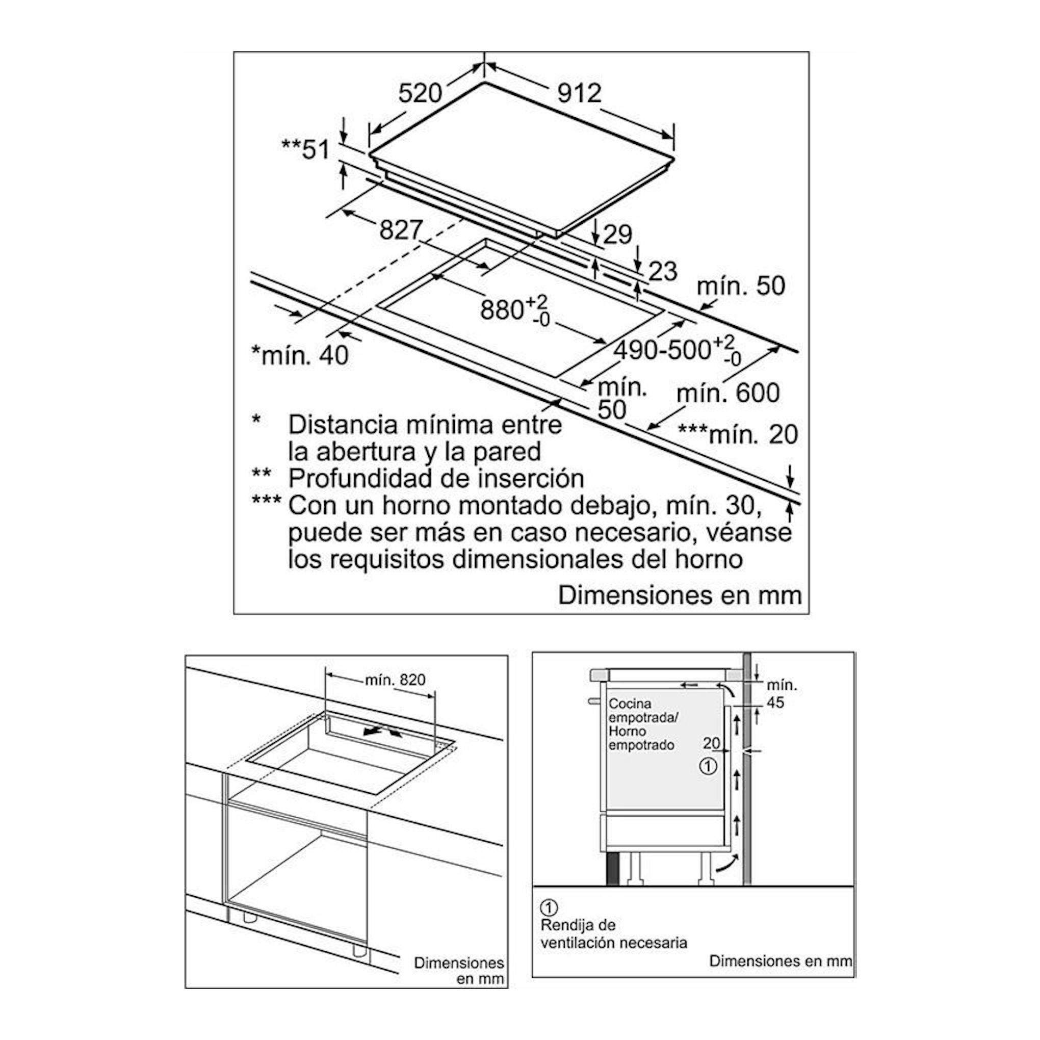 Siemens EX975LVV1E: esquema de instalación de placa de inducción negra de 90 cm, con medidas y ventilación.