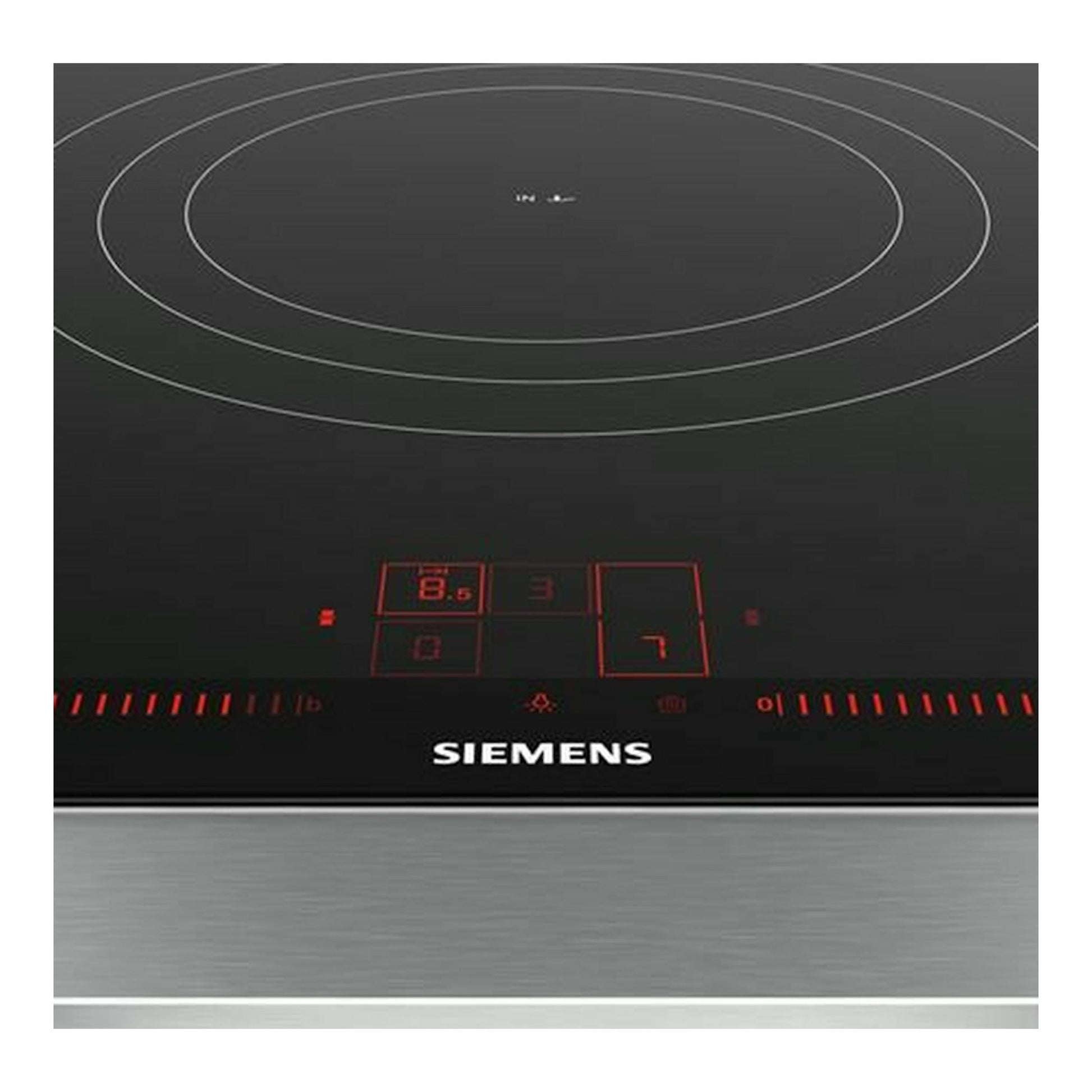 Placa de inducción Siemens EX975LVV1E negra, vista superior, con controles táctiles rojos.