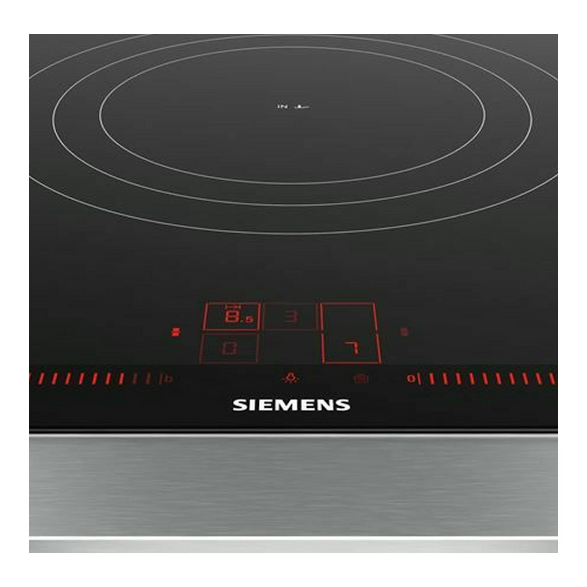 Placa de inducción Siemens EX975LVV1E negra, vista superior, con controles táctiles rojos.