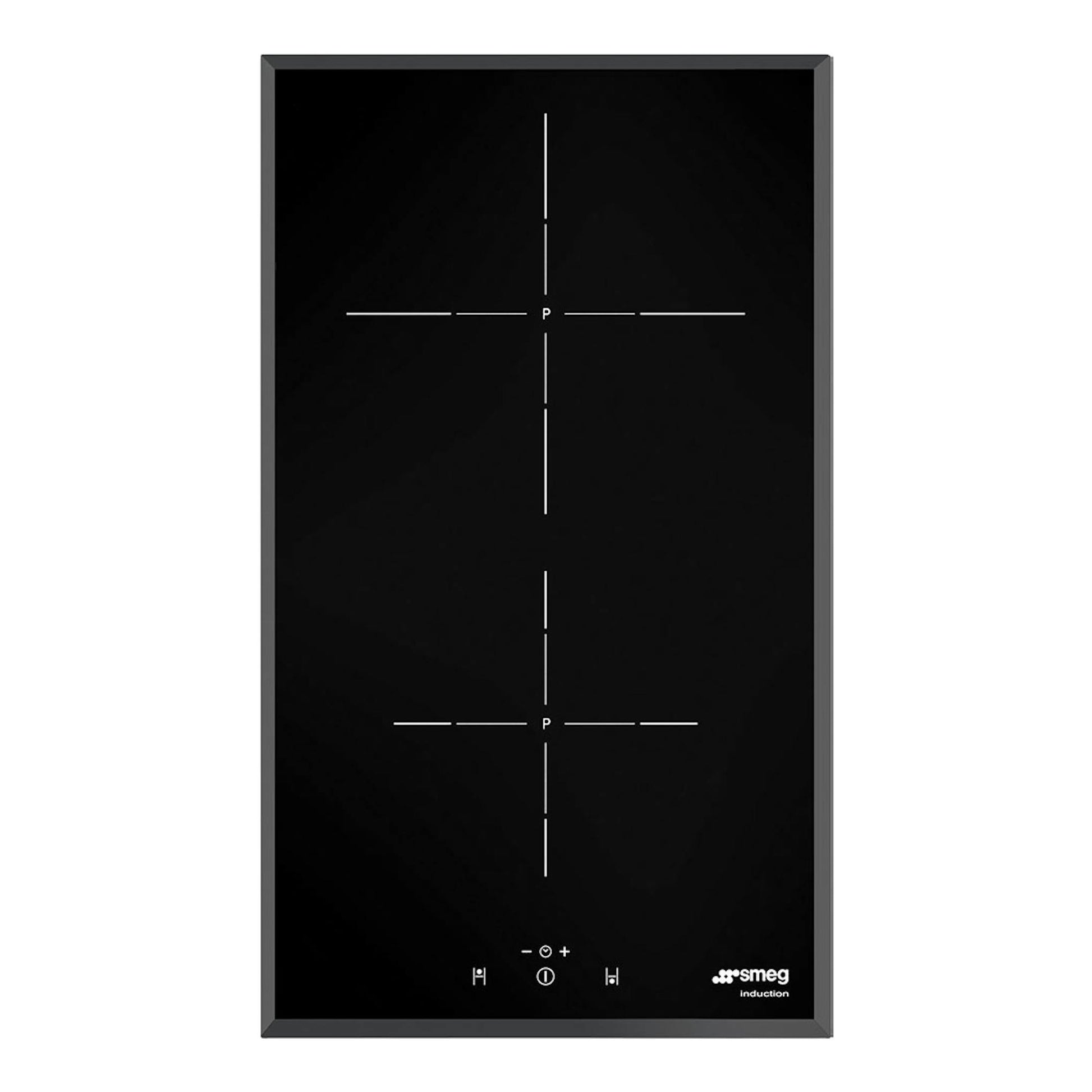 Placa de inducción Smeg SI5322B negra, vista frontal, con 2 zonas y controles táctiles.