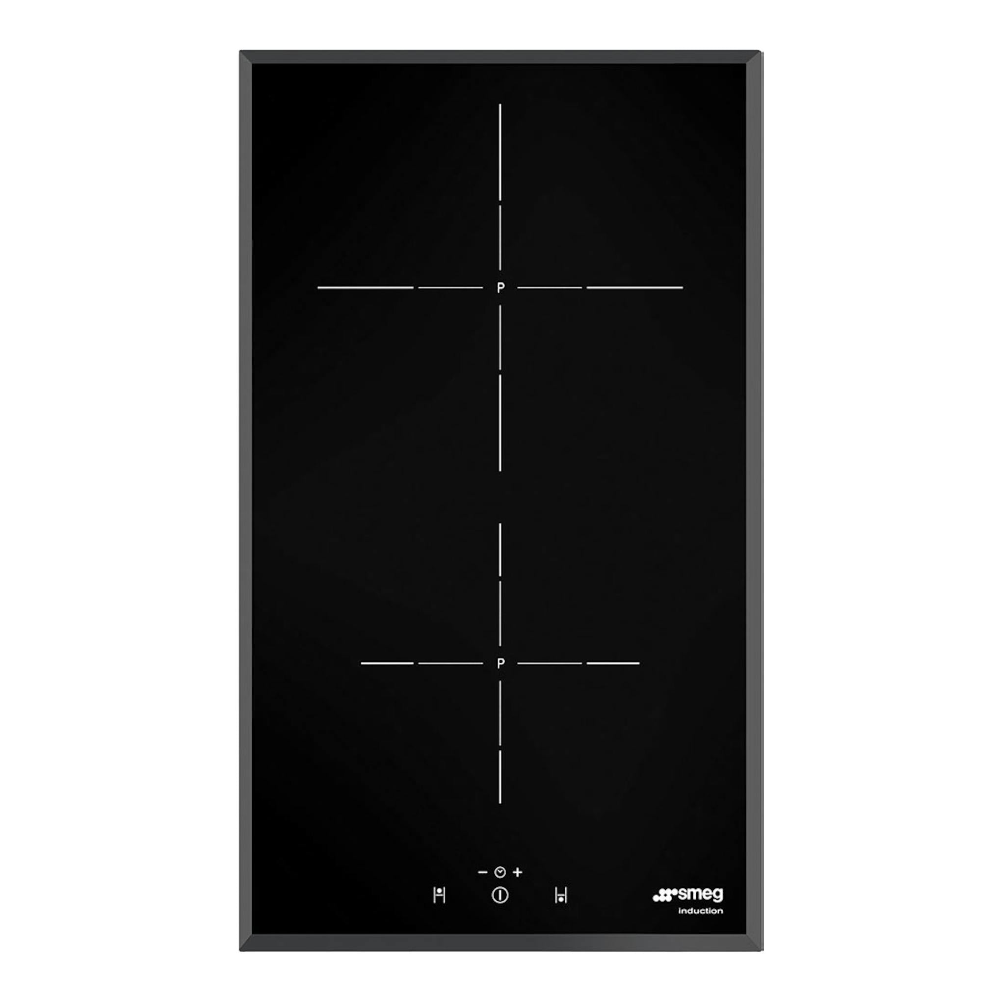 Placa de inducción Smeg SI5322B negra, vista frontal, con 2 zonas y controles táctiles.
