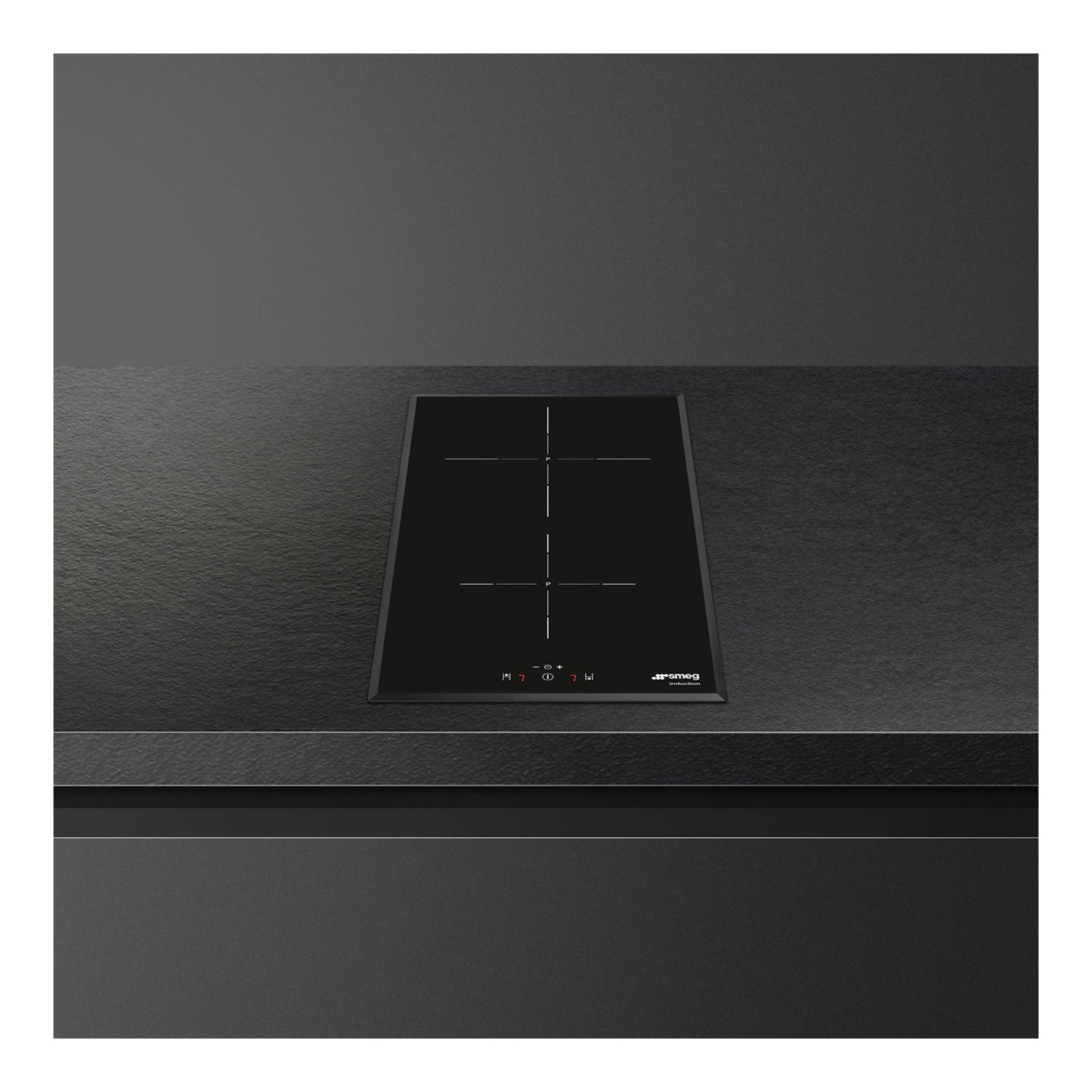 Placa de inducción Smeg SI5322B negra, vista frontal, con 2 zonas y controles táctiles.