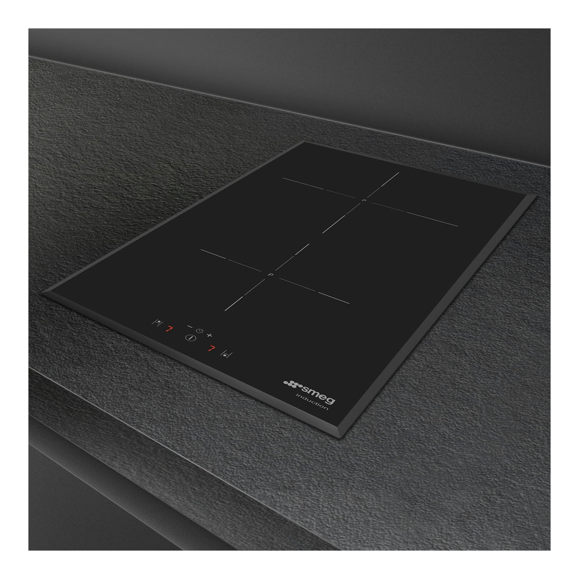 Placa de inducción Smeg SI5322B negra, vista en ángulo, con 2 zonas y controles táctiles.