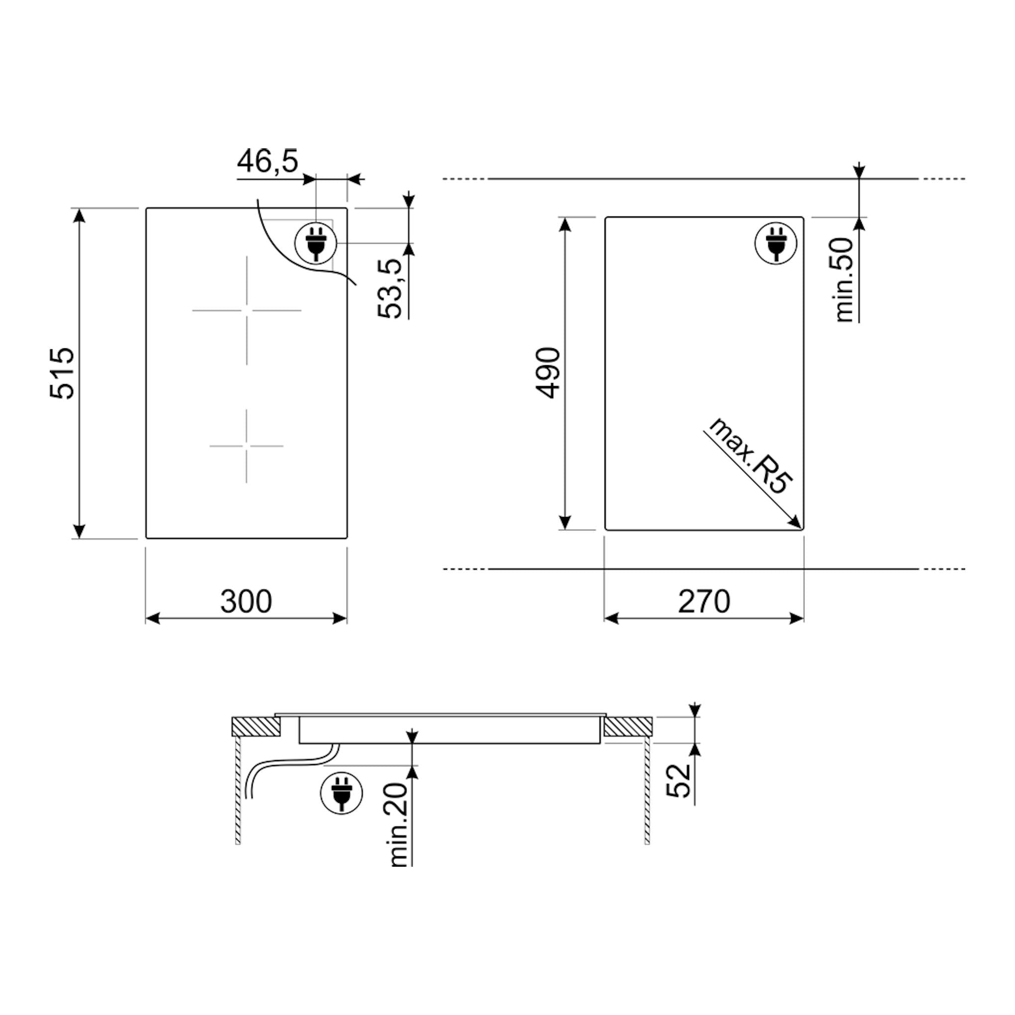 Esquema dimensional de placa de inducción Smeg SI5322B negra, vista superior y lateral, 30 cm.