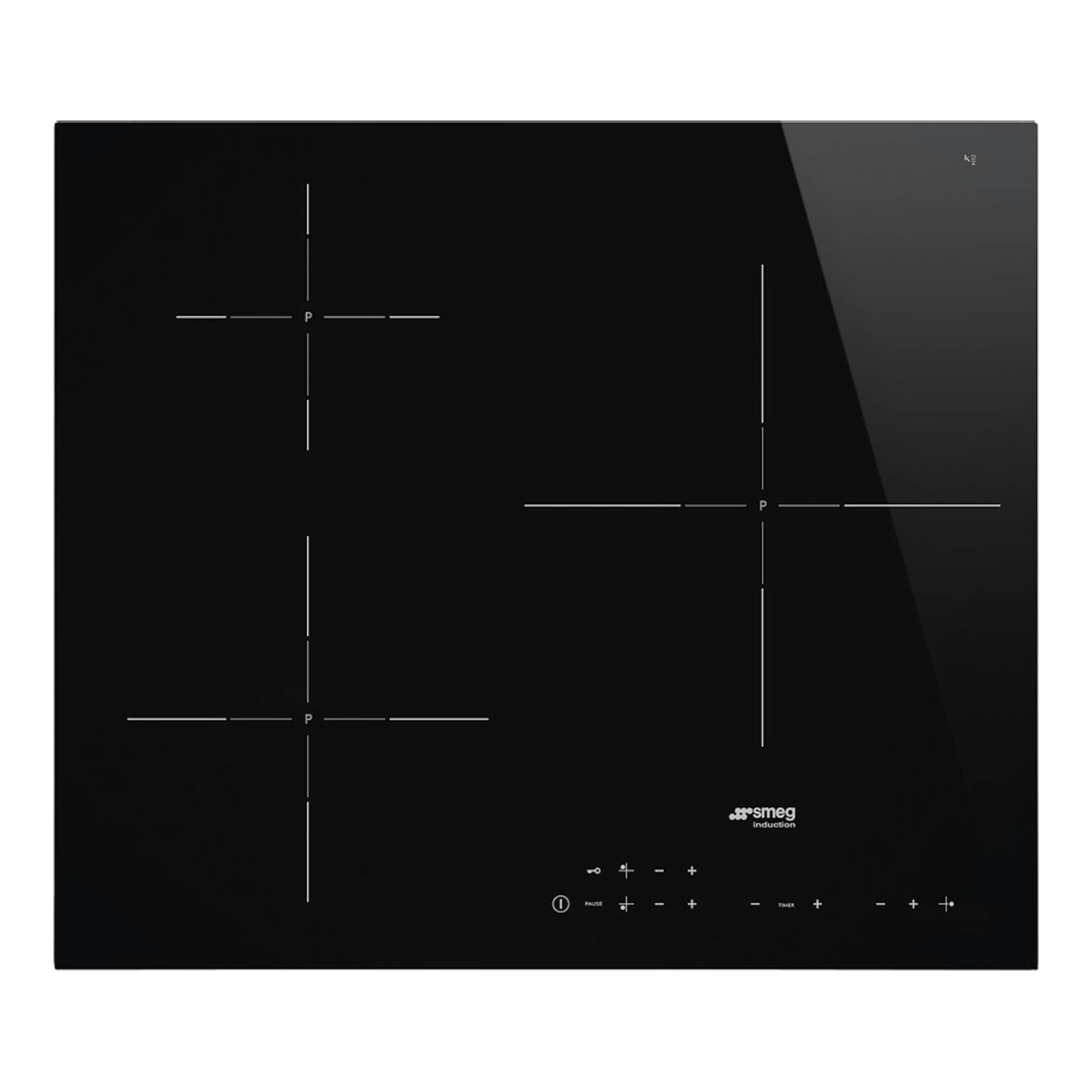 Placa de inducción Smeg negra, vista superior, con 3 zonas de cocción y controles táctiles.