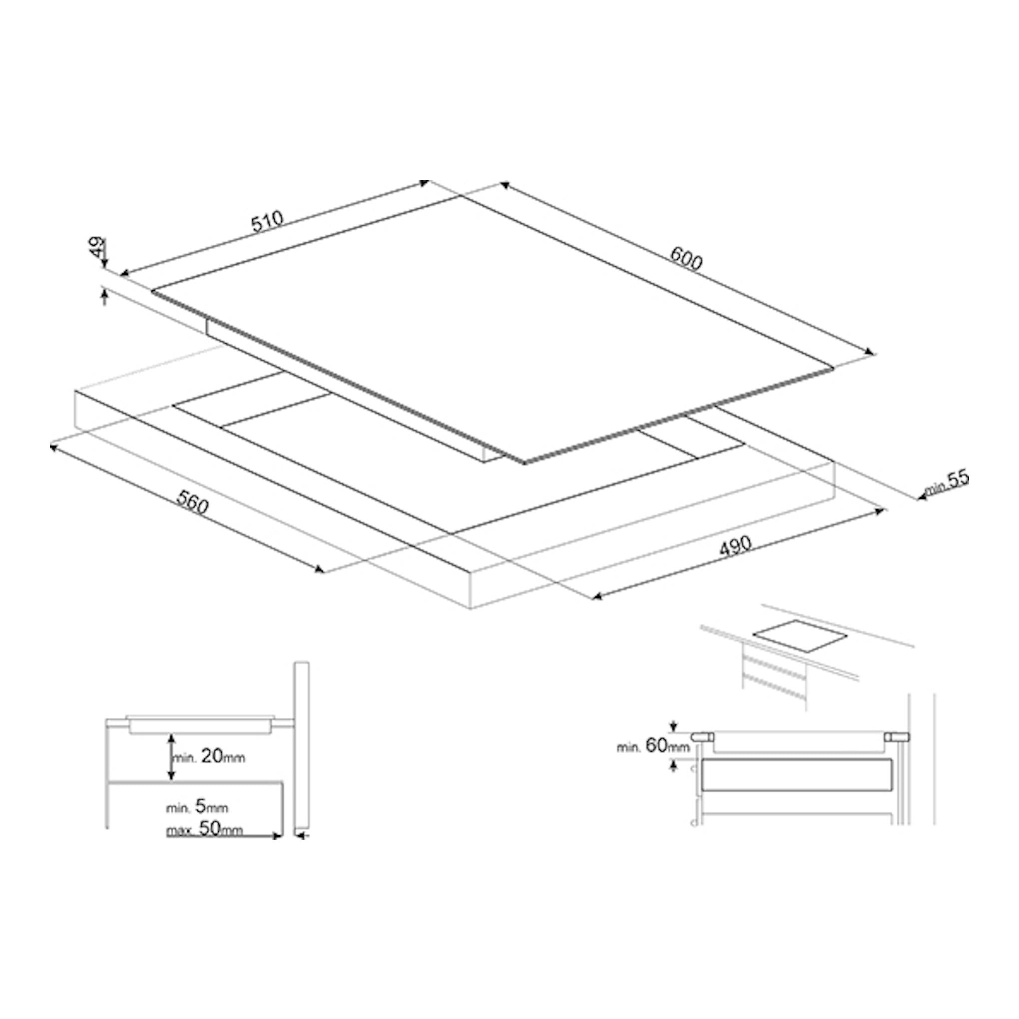 Esquema técnico de la placa de inducción Smeg SI5632D en vista superior y lateral, con medidas de encastre.