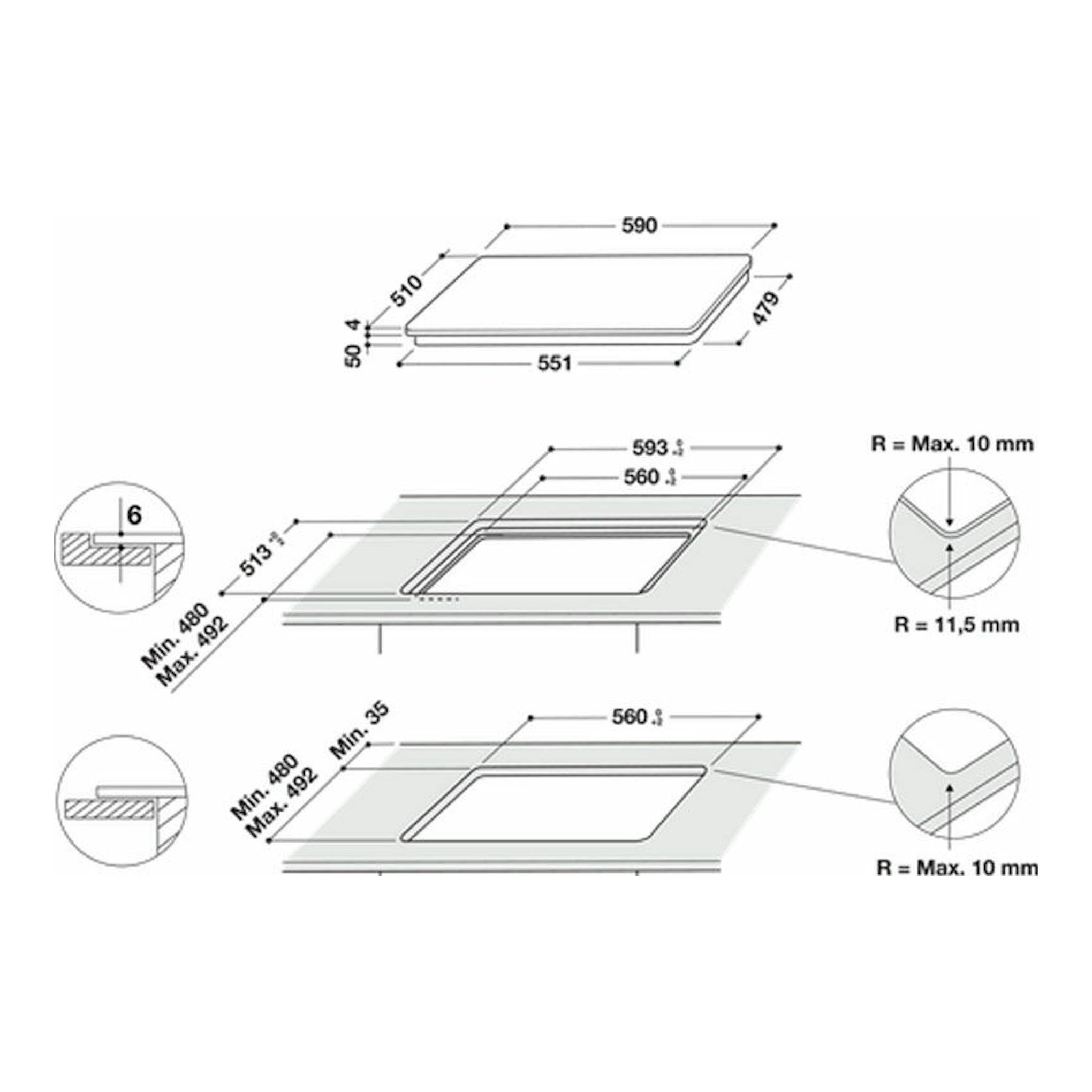 Diagrama técnico de instalación de placa de inducción Whirlpool WBS5560NE, con medidas y vista superior.