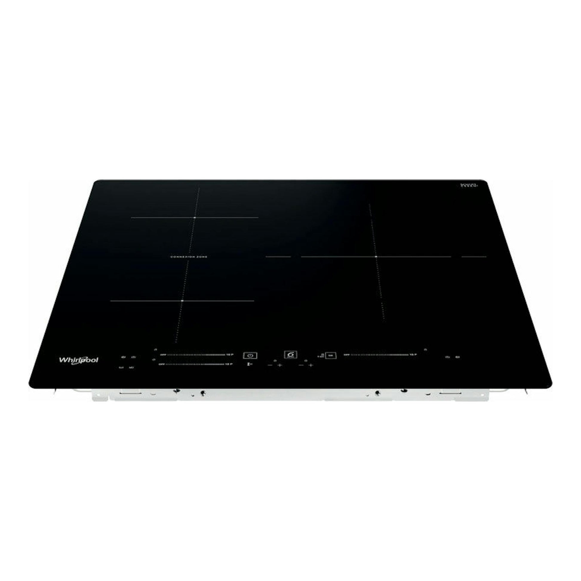 Encimera de inducción Whirlpool WBS5560NE negra, vista frontal inclinada, con cuatro zonas de cocción.