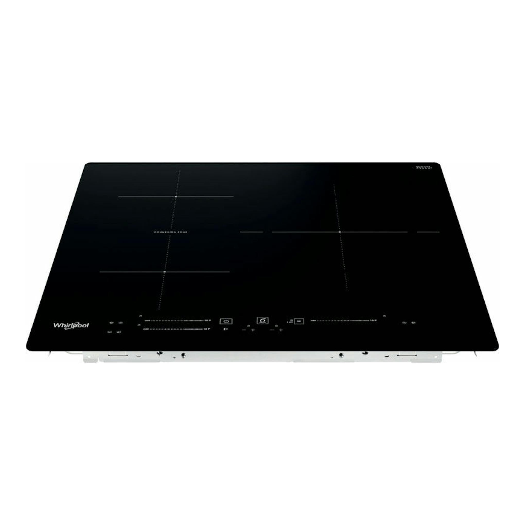 Encimera de inducción Whirlpool WBS5560NE negra, vista frontal inclinada, con cuatro zonas de cocción.