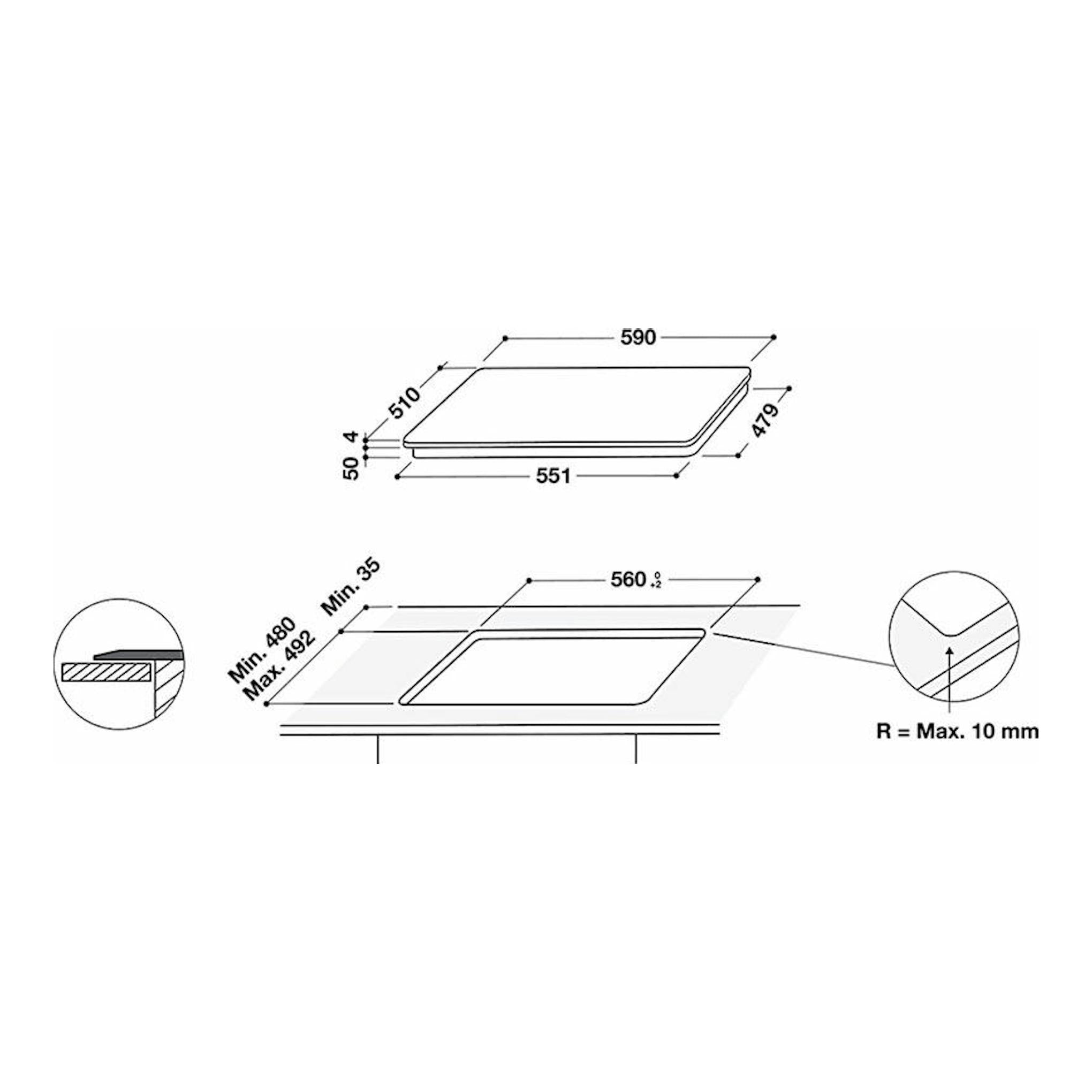 Whirlpool WSB2360BF: diagrama técnico de placa de inducción empotrable, vista superior con medidas en mm.