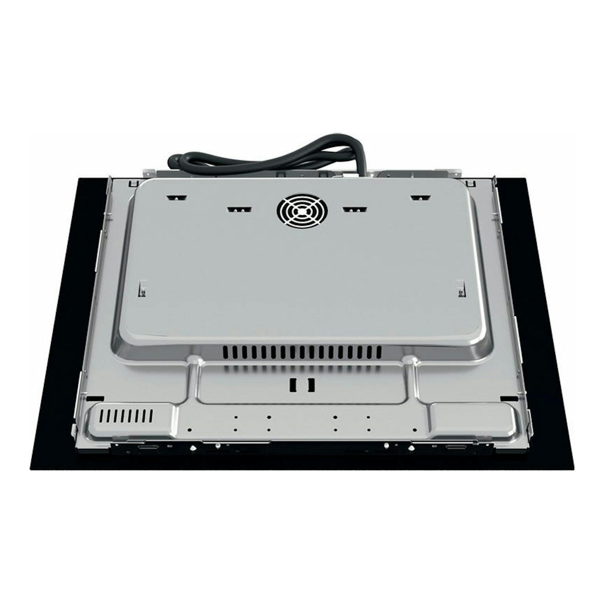 Whirlpool WSB2360BF, vista inferior de una parrilla de inducción negra con base metálica y cable enrollado.