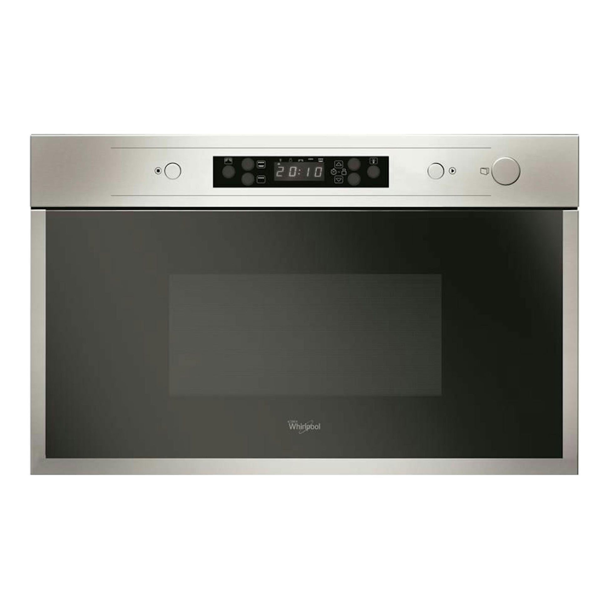 Microondas empotrable Whirlpool AMW442/IX en inox, vista frontal con puerta negra y panel digital.