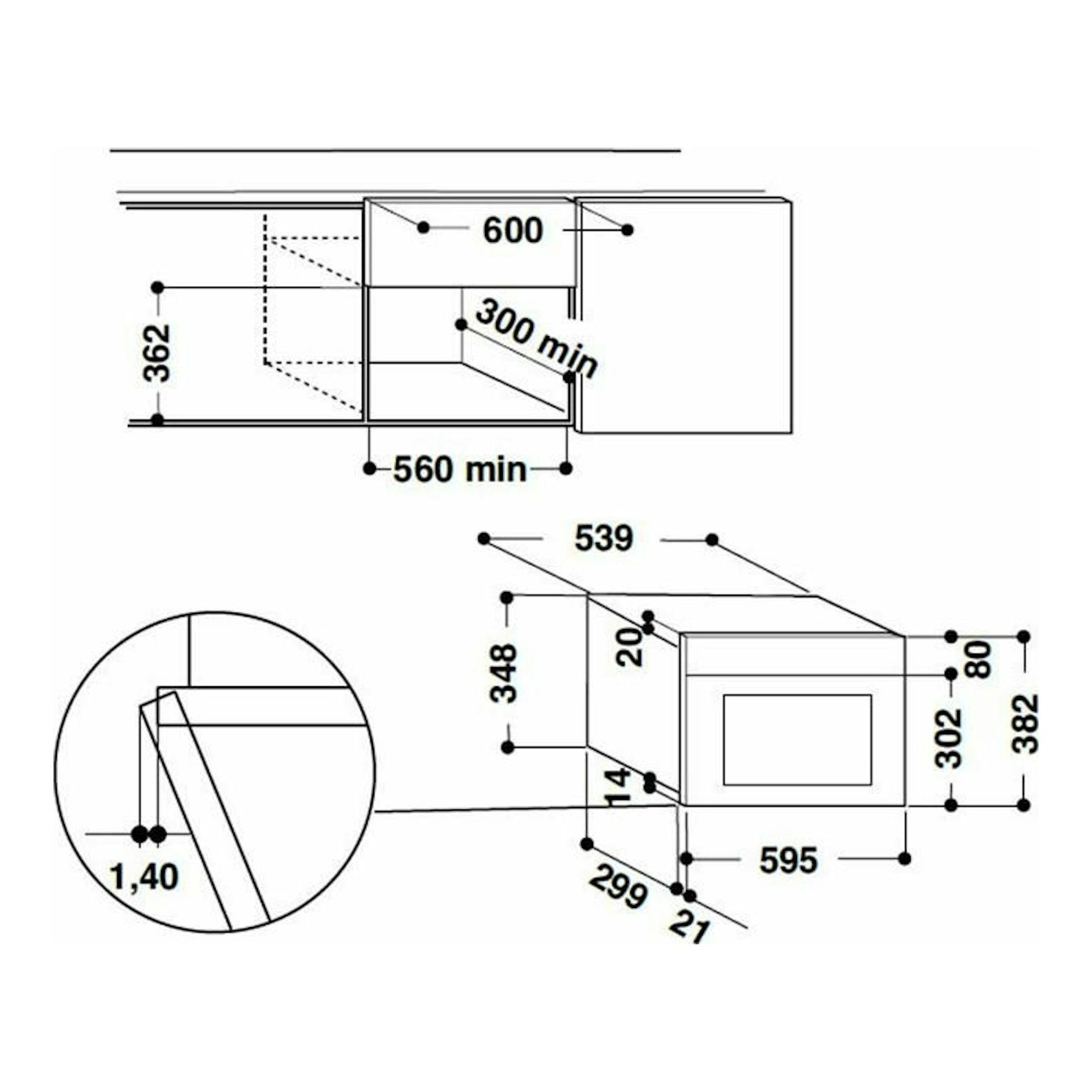Esquema técnico de instalación del microondas Whirlpool AMW442/IX inox, con vistas frontal y lateral y medidas.