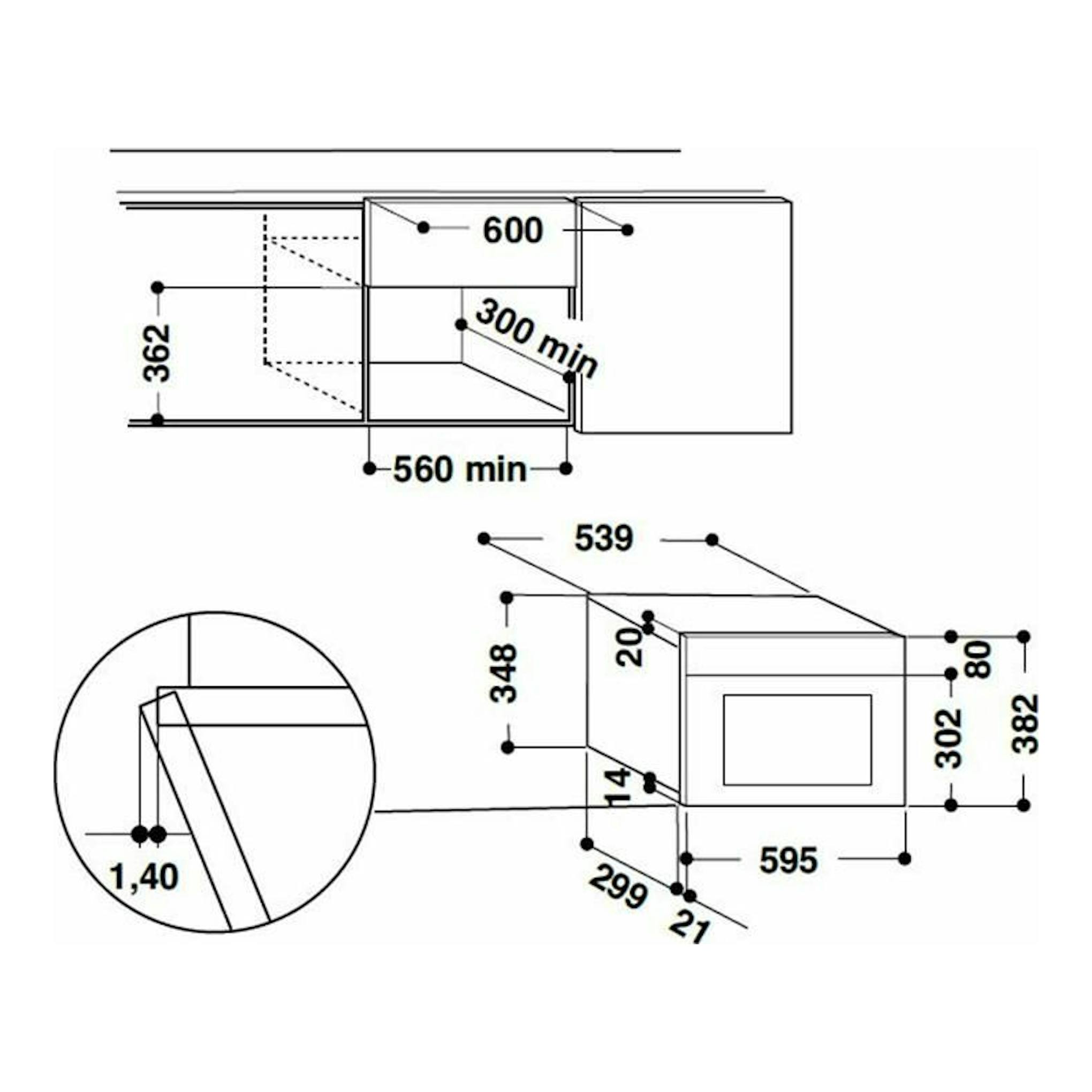 Esquema técnico de instalación del microondas Whirlpool AMW442/IX inox, con vistas frontal y lateral y medidas.