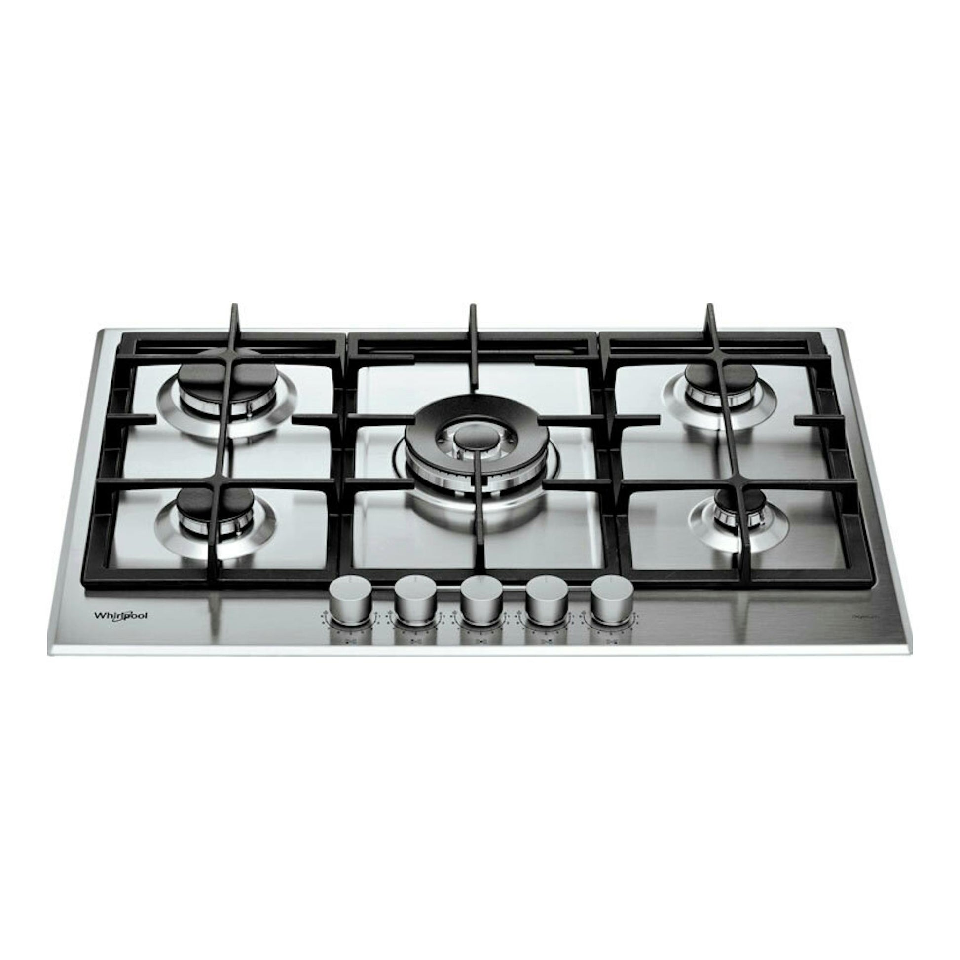 Placa de gas Whirlpool GMAL7522/IXL en acero inoxidable, vista frontal inclinada, 5 quemadores y mandos frontales.