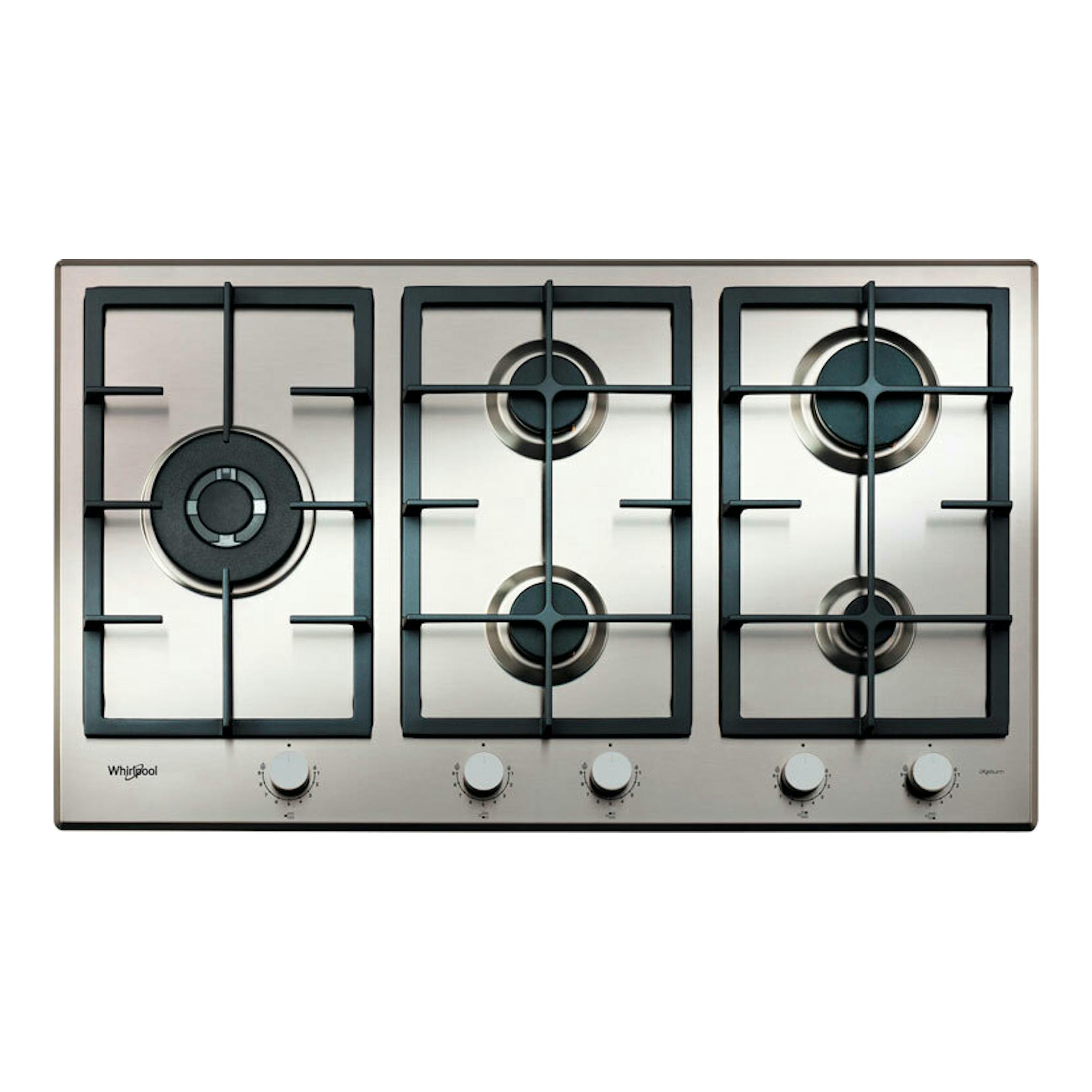Placa de gas Whirlpool GMAL9522/IXL de acero inoxidable, vista frontal, con cinco fuegos y mandos frontales.