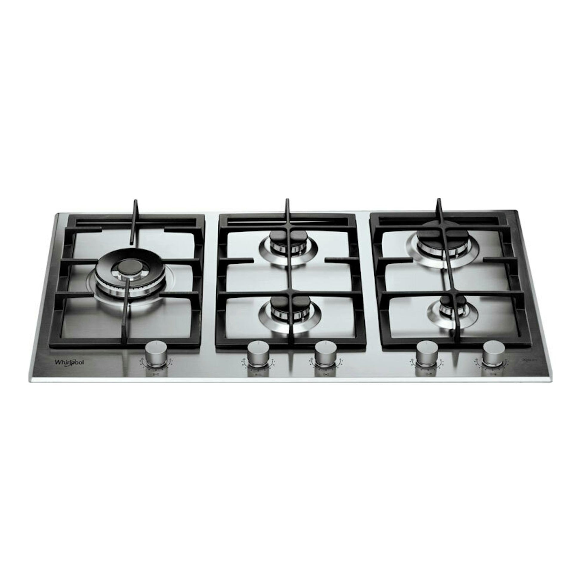 Placa de gas Whirlpool GMAL9522/IXL de acero inoxidable, vista frontal, con 5 quemadores y mandos frontales.