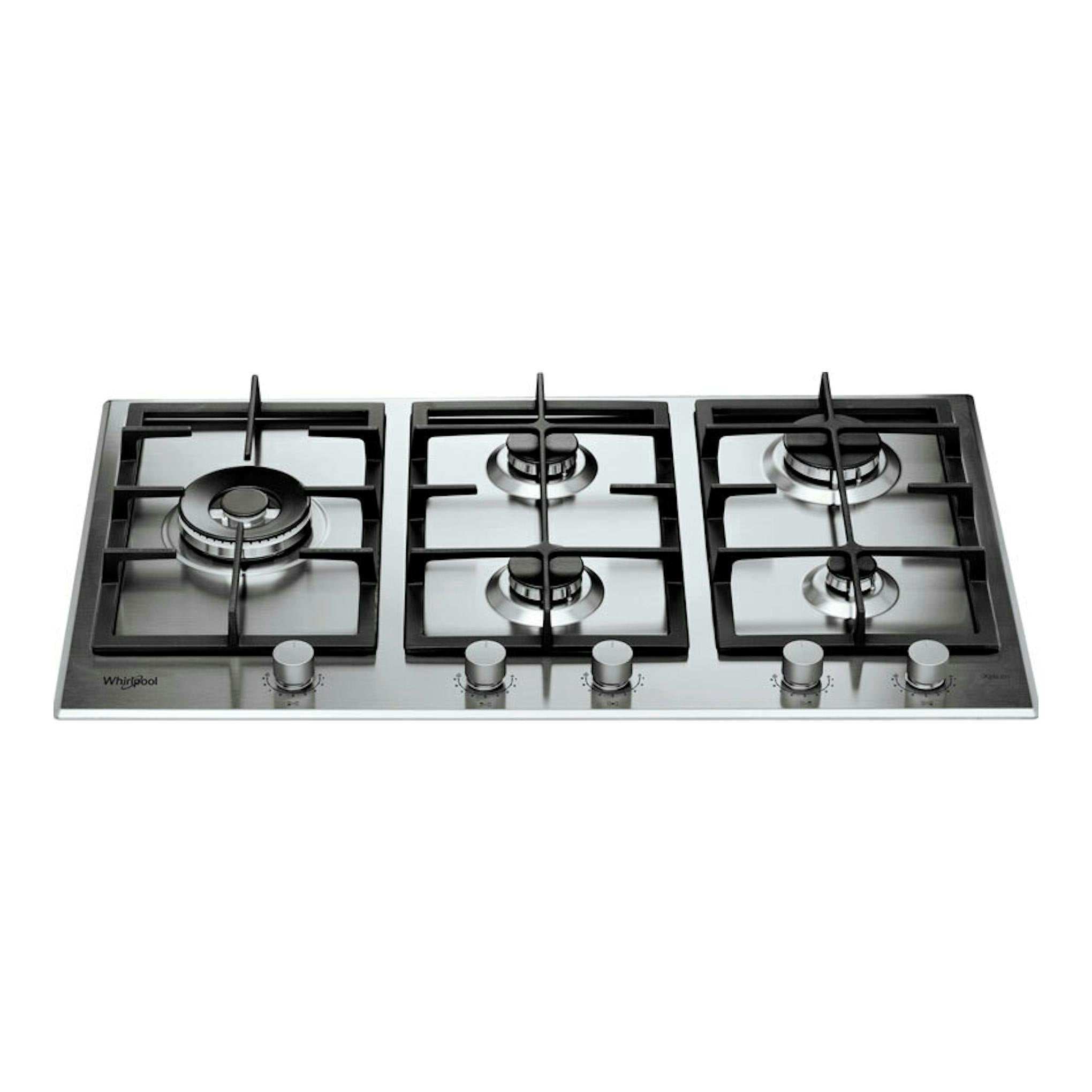 Placa de gas Whirlpool GMAL9522/IXL de acero inoxidable, vista frontal, con 5 quemadores y mandos frontales.