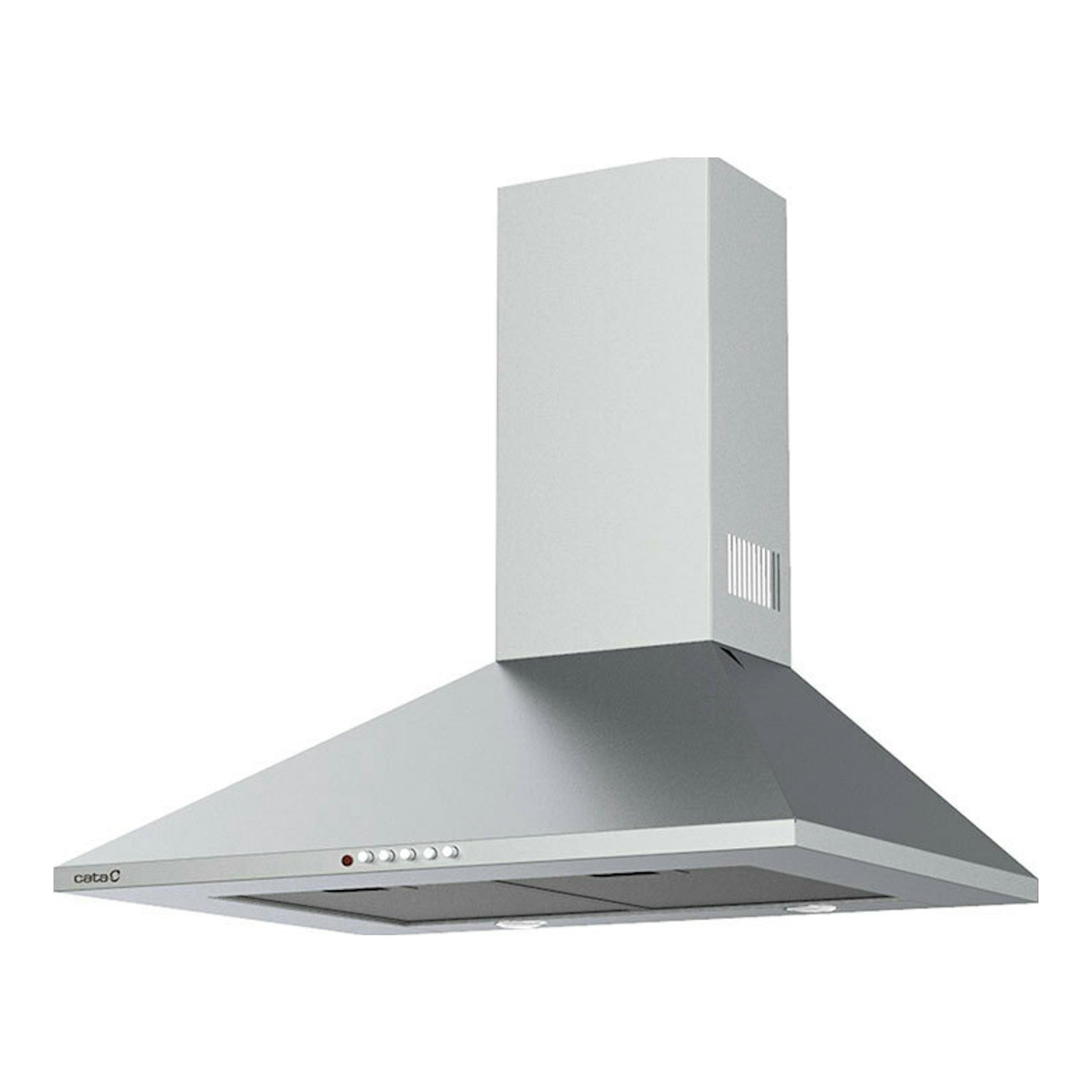 Campana decorativa Cata OMEGA700X/L inox, vista frontal en ángulo, color plata.