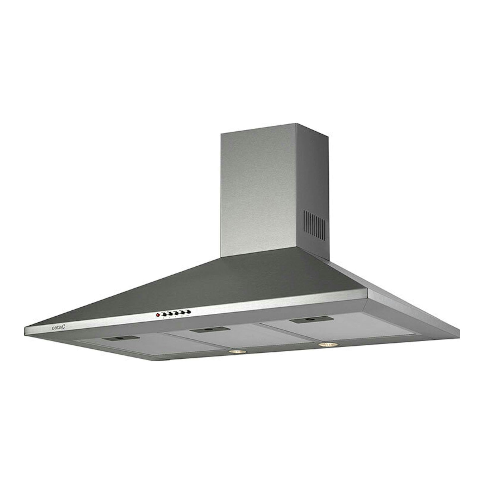 Campana decorativa Cata OMEGA900X/L inox, vista frontal en ángulo, acero inoxidable.