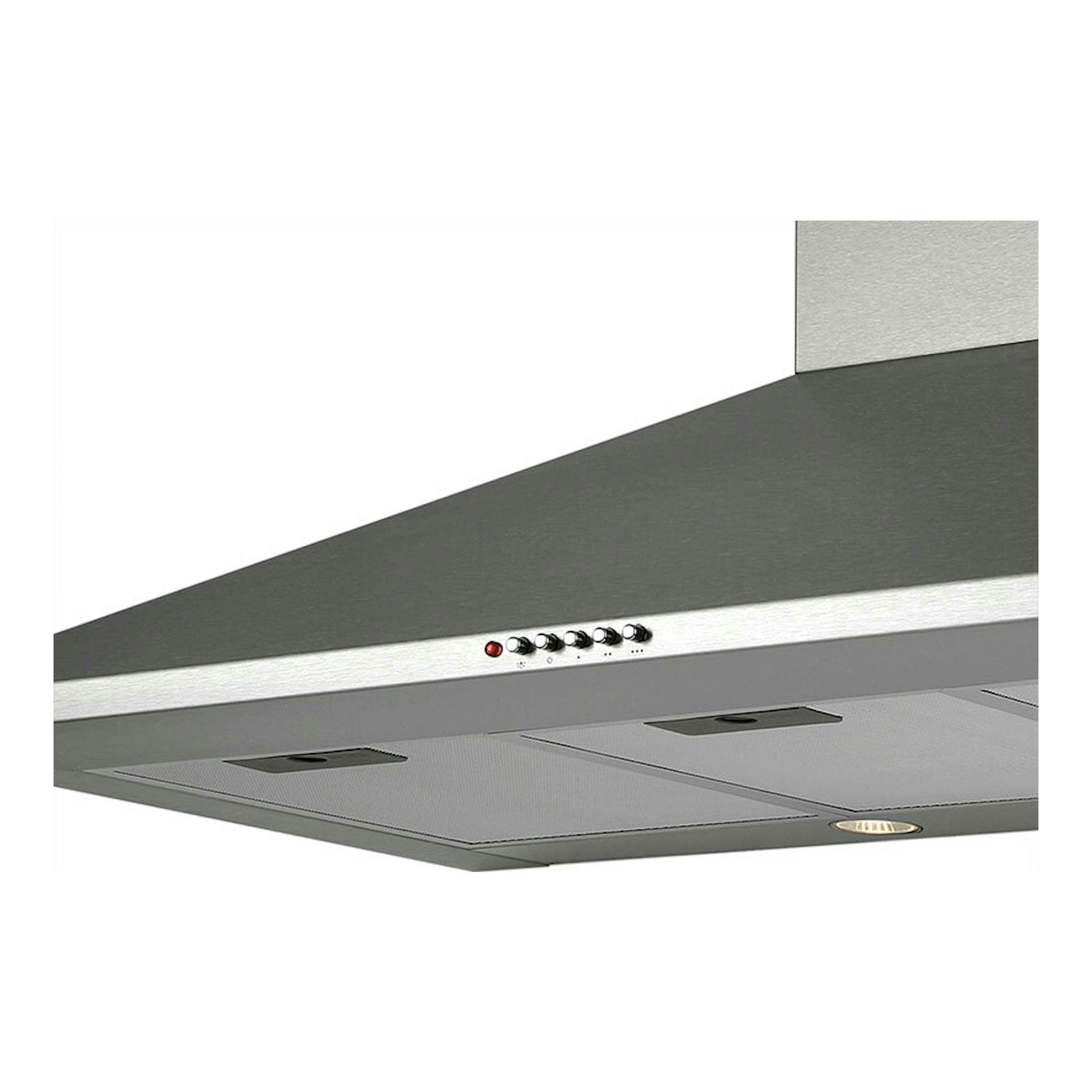 Campana extractora Cata OMEGA900X/L inox, vista inferior en ángulo, con botones y luz integrada.
