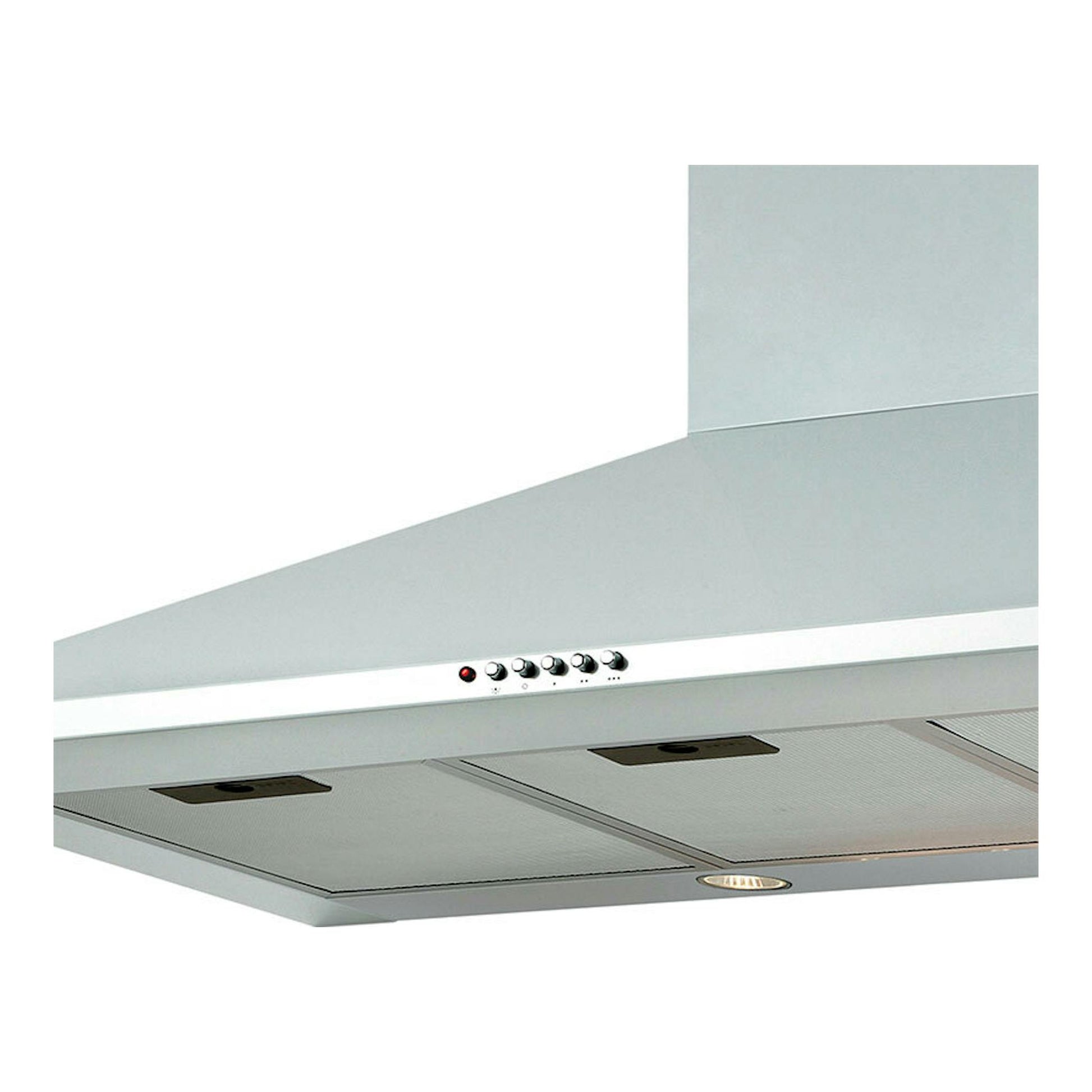 Campana decorativa Cata OMEGA700W/L inox, vista inferior en ángulo, acero inoxidable con mandos frontales.