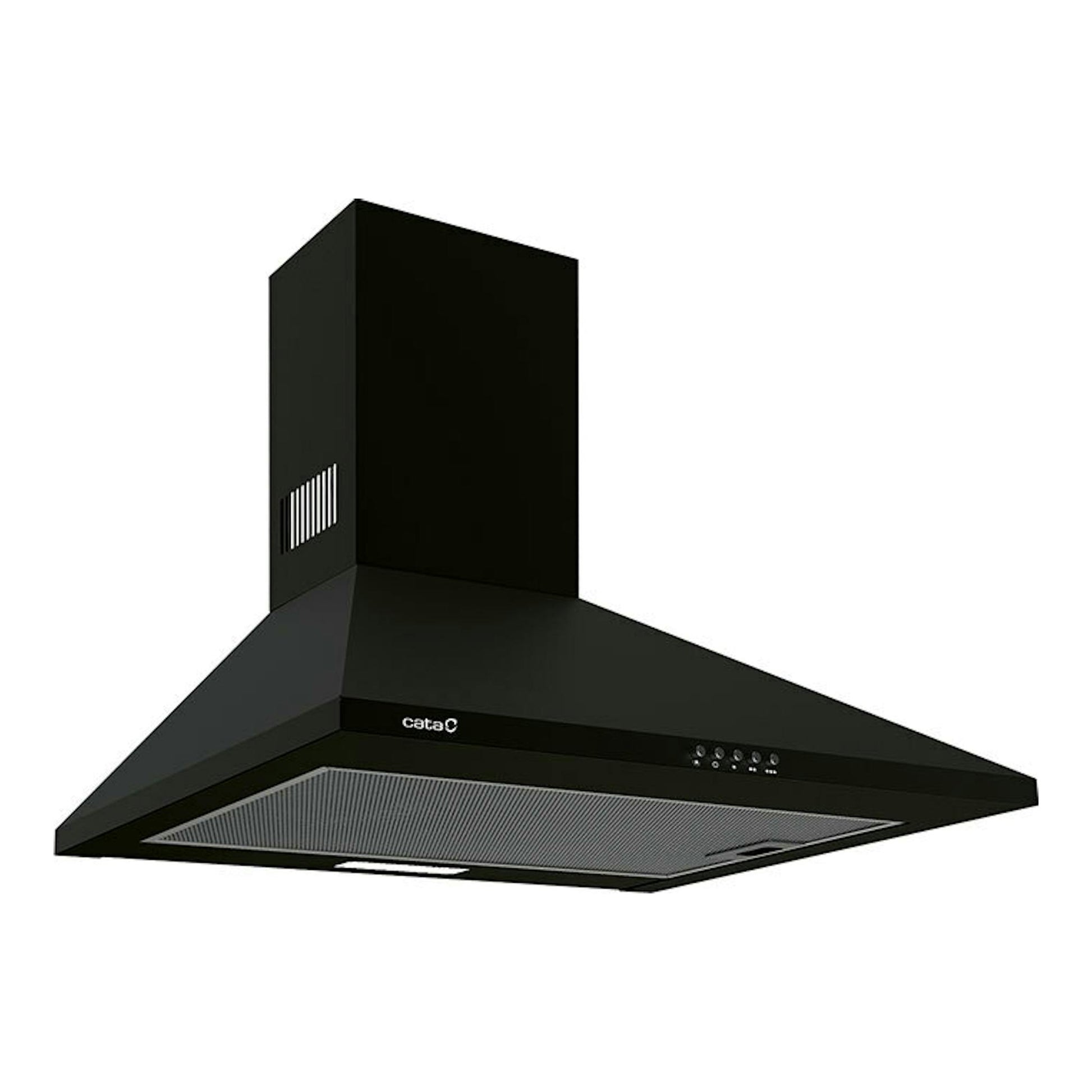 Campana decorativa Cata OMEGAII600BK/L negra, vista frontal en ángulo, con chimenea vertical.