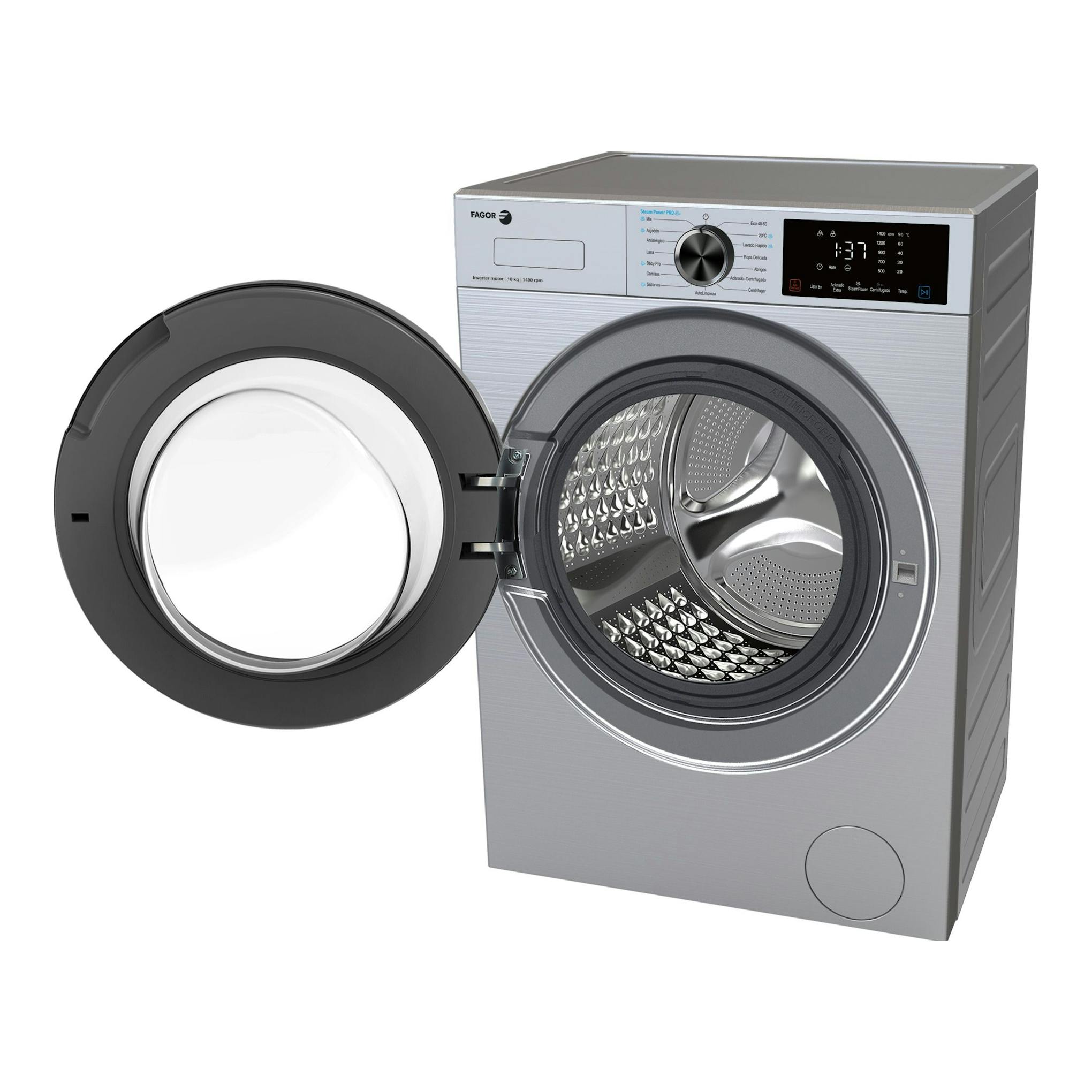 Lavadora Fagor 5FE-10714X inox, vista frontal con puerta abierta y tambor visible.