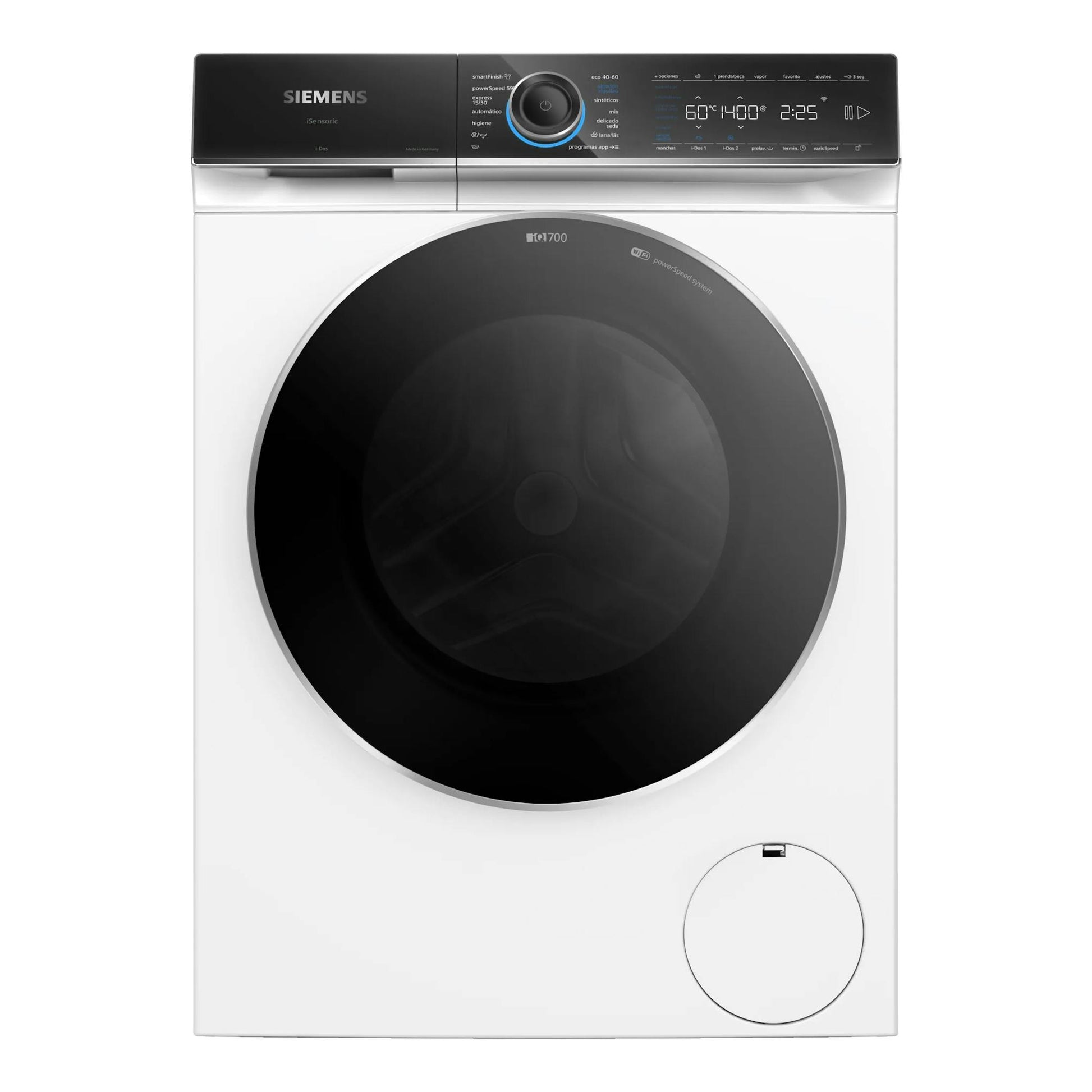 Lavadora de carga frontal Siemens WG54B2A1ES blanca, vista frontal, con puerta negra y panel digital superior.