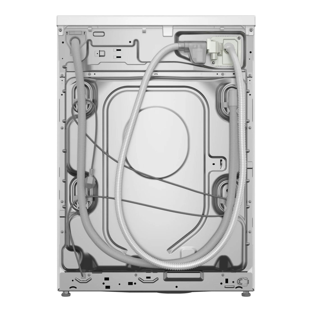 Lavadora Siemens WG54B2A1ES, vista trasera en blanco con mangueras y panel posterior.