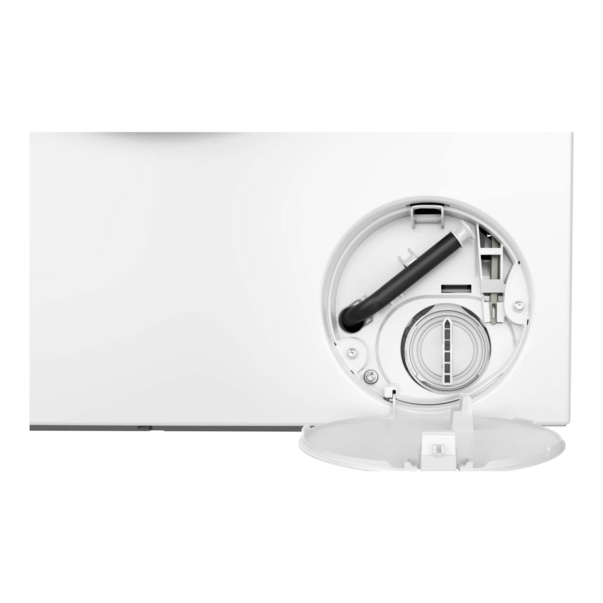Lavadora Siemens WG54B2A1ES blanca, vista trasera con panel de acceso al filtro y manguera de desagüe.