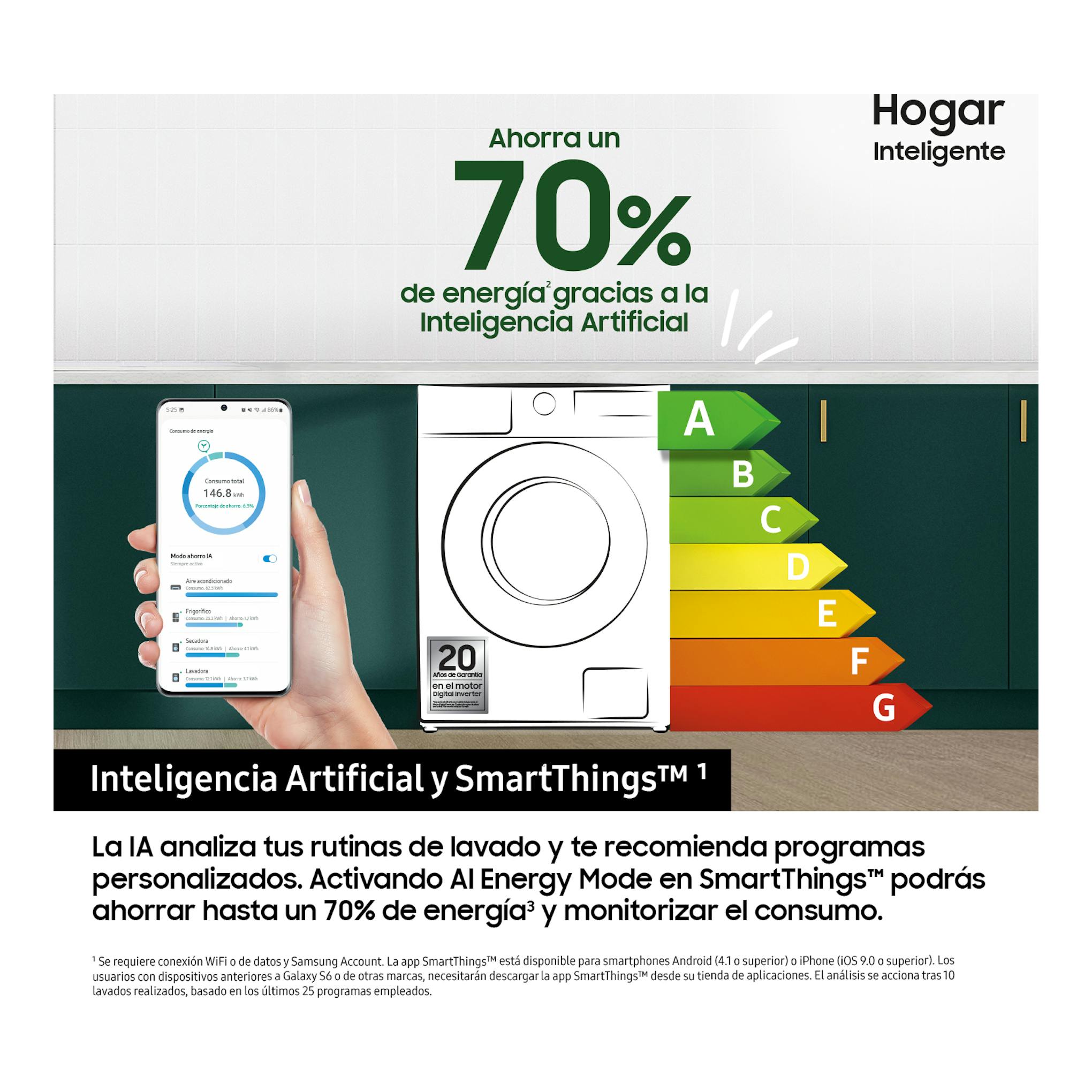 Samsung WW11DG5B25TEEC, lavadora blanca en vista frontal con móvil, escala energética A-G y texto de ahorro 70%
